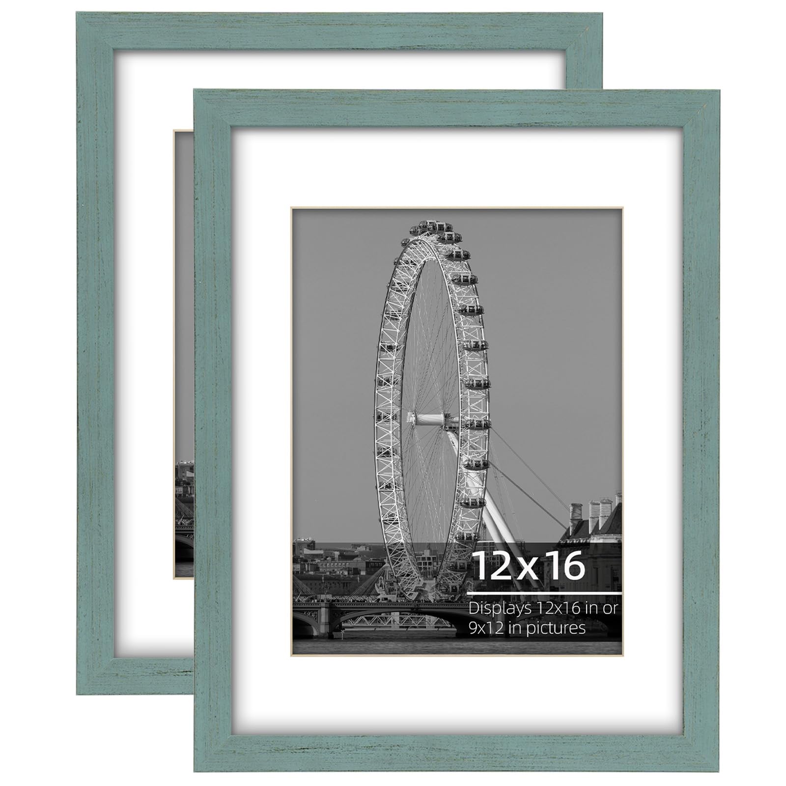 DUCIHBA 12x16 inch or 9x12 with Mat Poster Picture Frame Set, Wire Brush Distressed Teal Blue Wood Border, Wall Mount Vertically or Horizontally, Safe Plexi Glass, 2 Pack