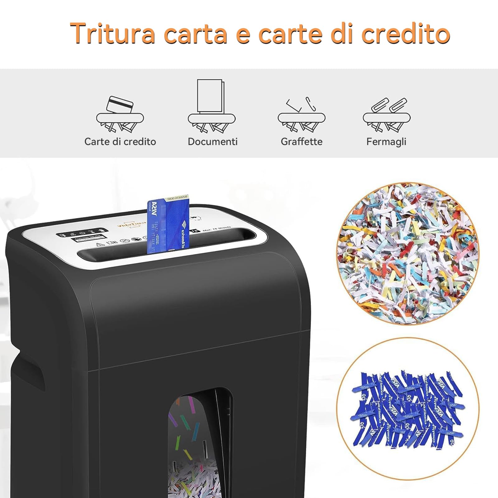 VidaTeco Distruggidocumenti 15 Fogli Taglio Crociato P4, 60 Minuti Funzionamento, Cestello 20L, 58dB Silenzioso, per Ufficio/Home Office