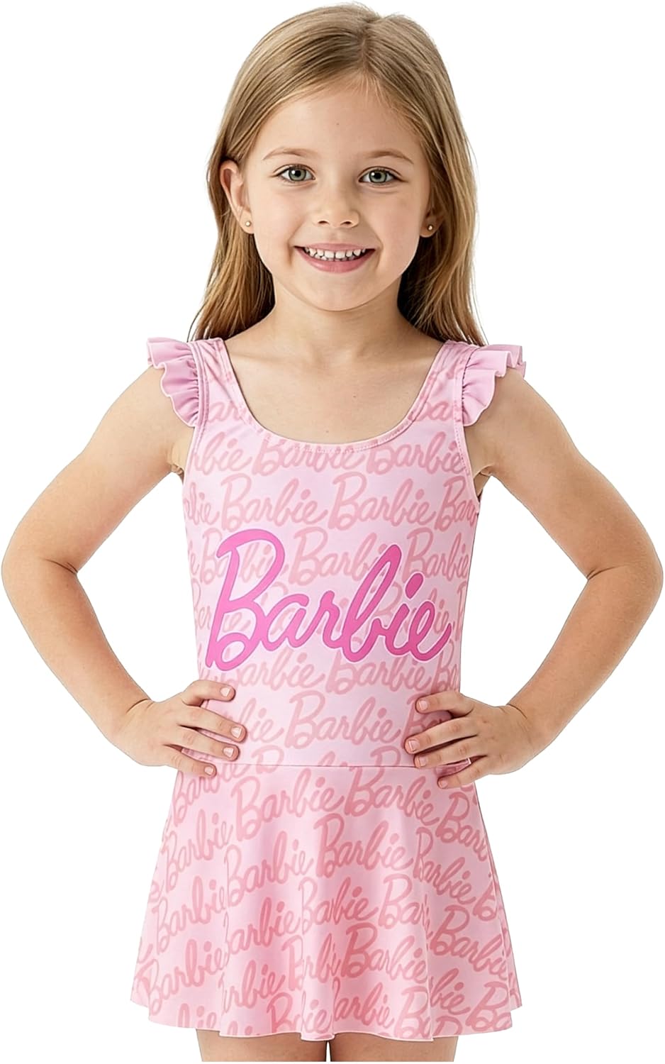 Disney Princess | Barbie One Piece Girls Swim Dress, Ruffle Strap Swimsuit with Built in Briefs, Beach Bathing Suit