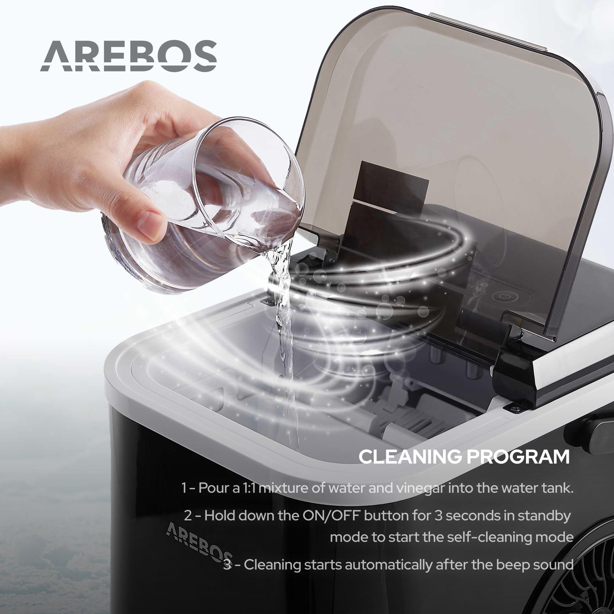 Arebos Fabricador de cubitos de hielo | 12 kg / 24 h | 10-15 minutos de tiempo de producción | Depósito de agua de 1,1 litros | Silencioso | Función de autolimpieza | Negro
