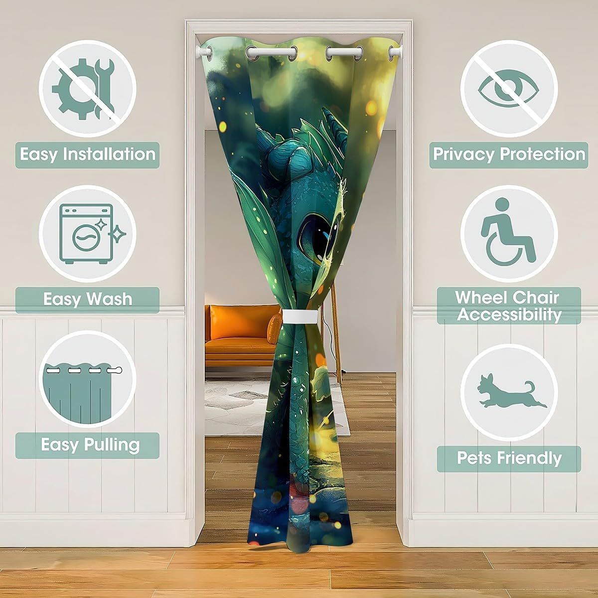 Feelyou Dragon Doorway Curtain Privacy 1 Panel, 52"x80" Dragon Stuff 30%-50% Room Darkening Blackout Insulated Thermal Curtain Kawaii Door Cover Curtain Dragon Decor Window Treatments Bright Green