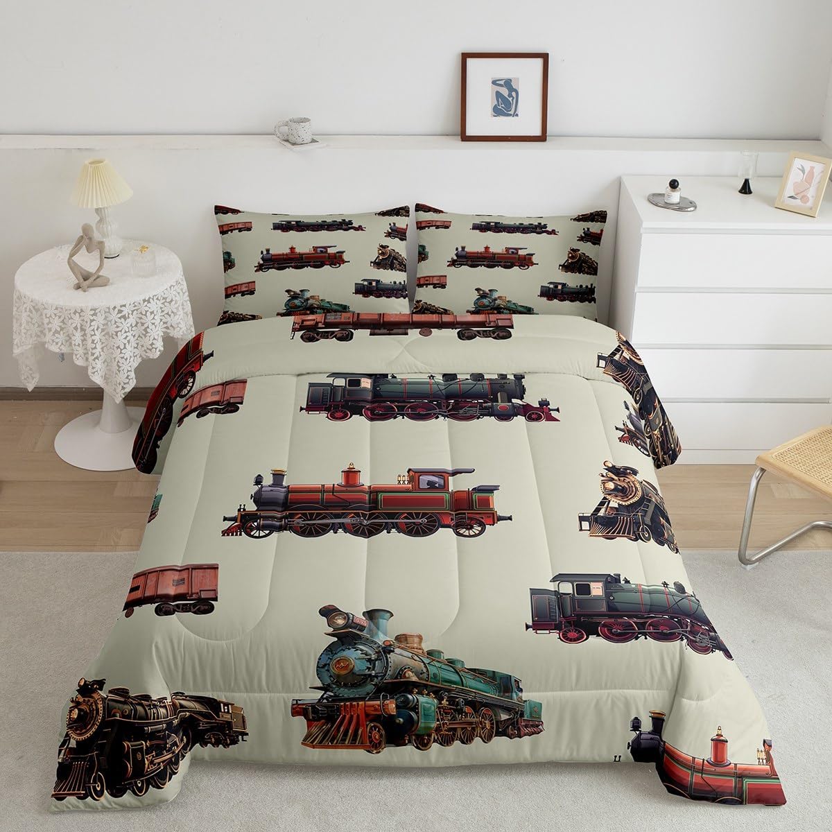 Feelyou Vintage Train Bedding Set for Kids Boys Retro Steam Engine Print Comforter Twin Size Bedroom Decor Retro Steam Locomotive Train Print Quilt Duvet 2 Pieces