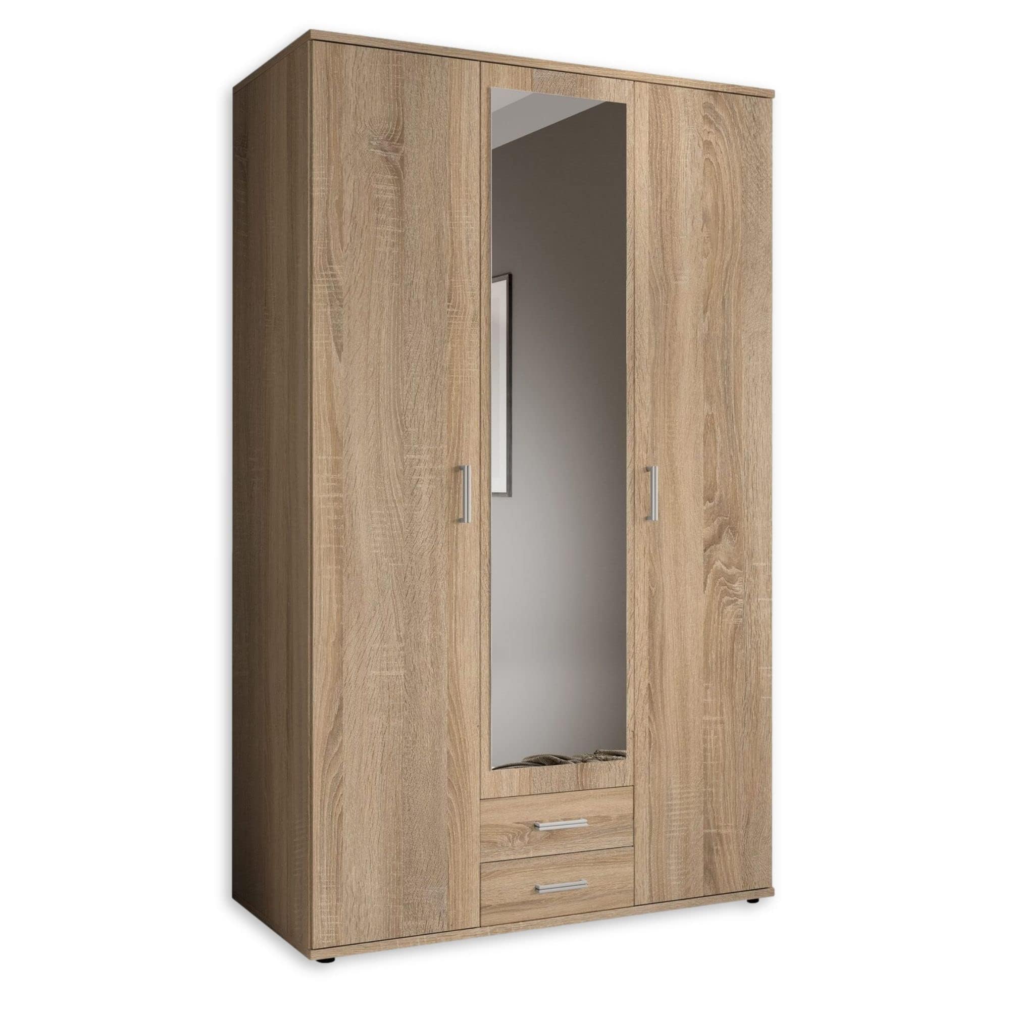 KARL, Elegante armadio a 3 ante molto capiente, versatile in effetto rovere Sonoma con anta a specchio, 120 x 195 x 55 cm