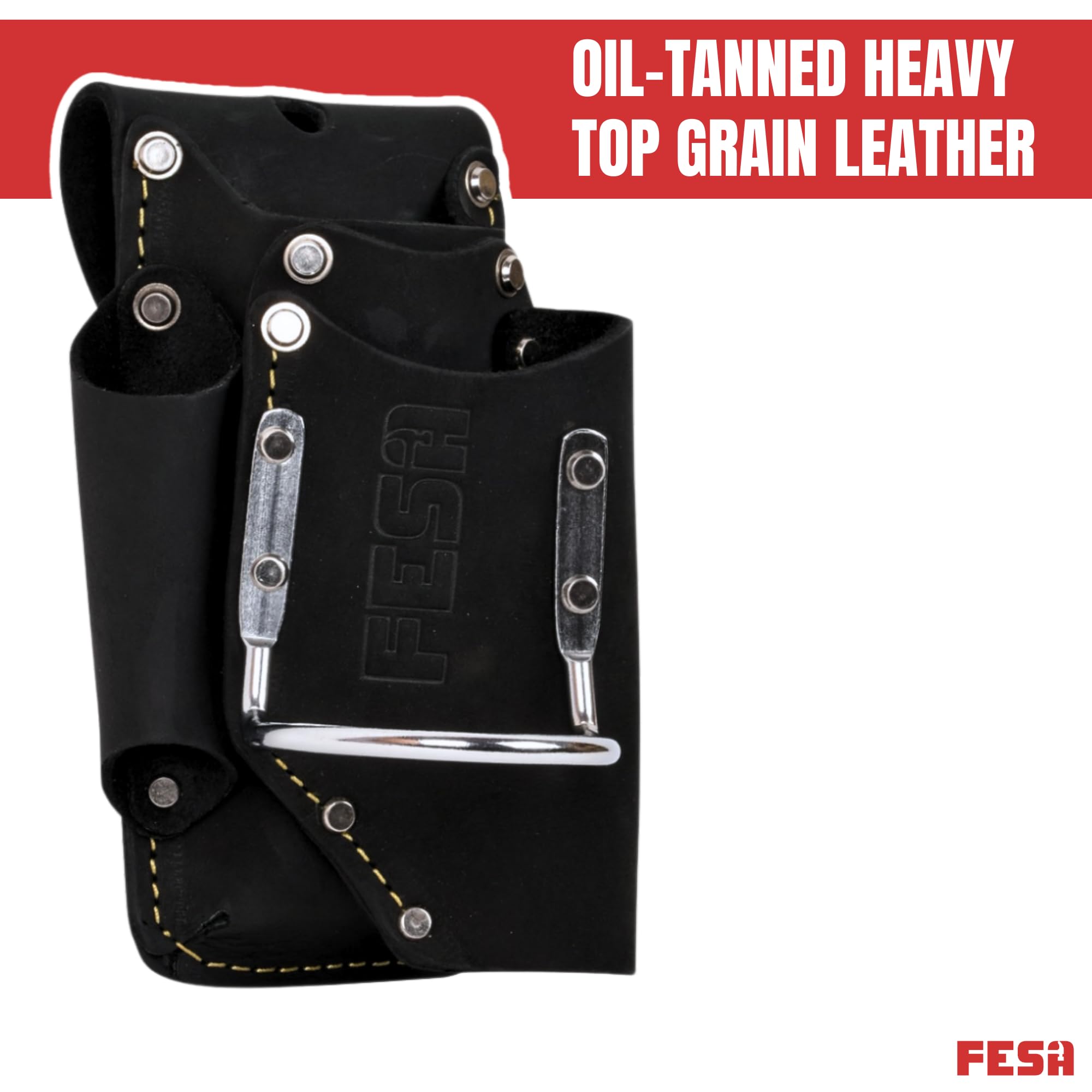 FESA Small Leather Tool Pouch 5-in-1 Heavy Top Grain Leather with Steel Hammer Loop 4 Pockets Reinforced Rivets Fits Belts up to 3'' Handcrafted