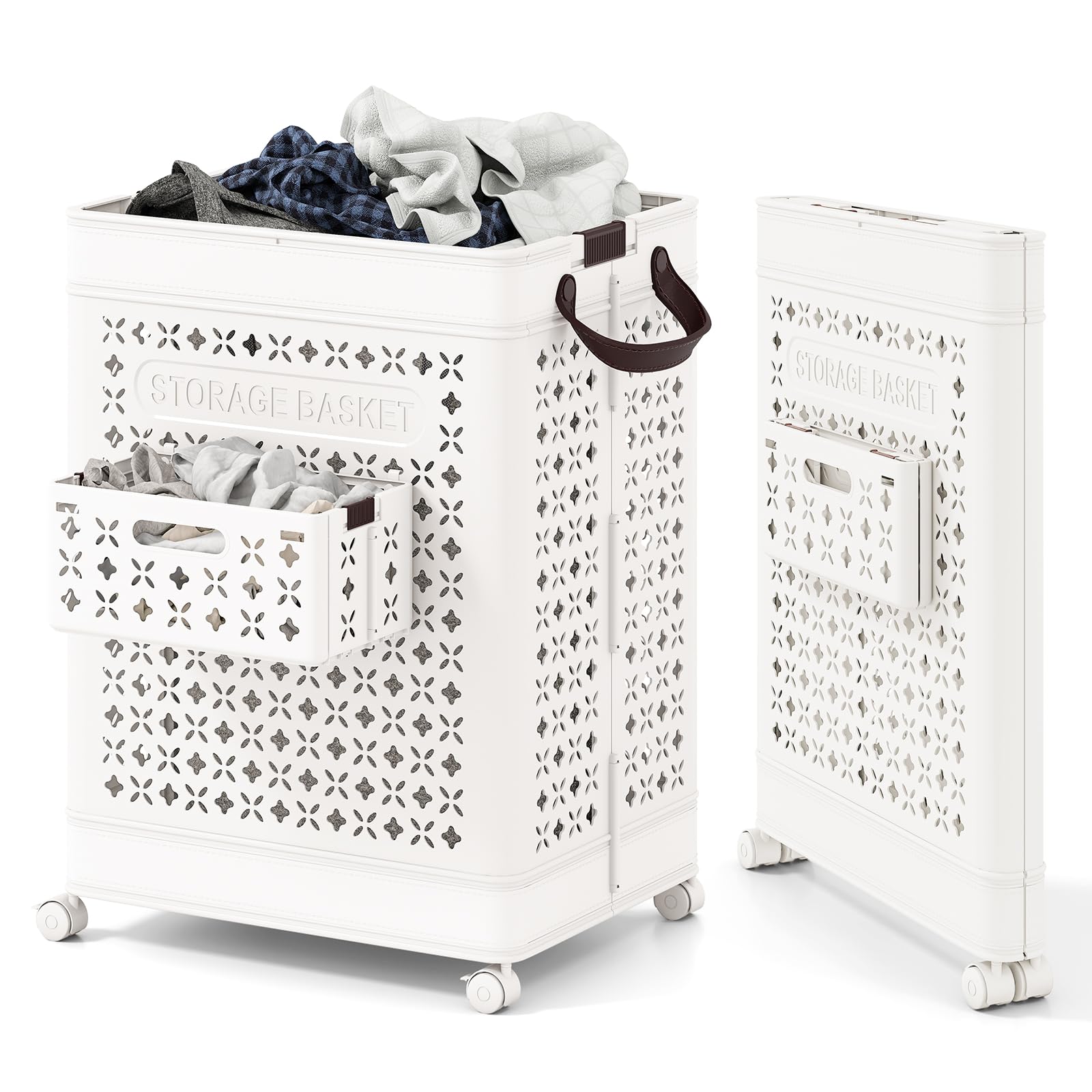 COSTWAY Panier à Linge Plastique a Roulette, Bac Linge Sale Pliable 75 L avec Petit Panier, 2 Poignées, 2 Crochets, Corbeille Pliable pour Vêtements, Blanc