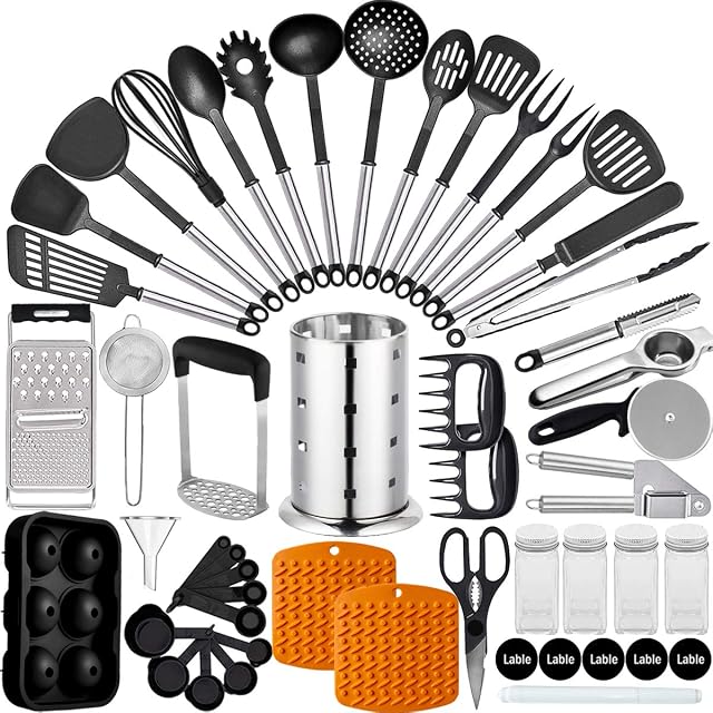 Artcome 50 Piece Kitchen Utensil Set Nylon and Stainless Steel Cooking Utensils Set with Utensil Holder Spatula Spoon Tongs Whisk Cookware Set Kitchen Gadgets Kitchen Tools Kitchen Accessories