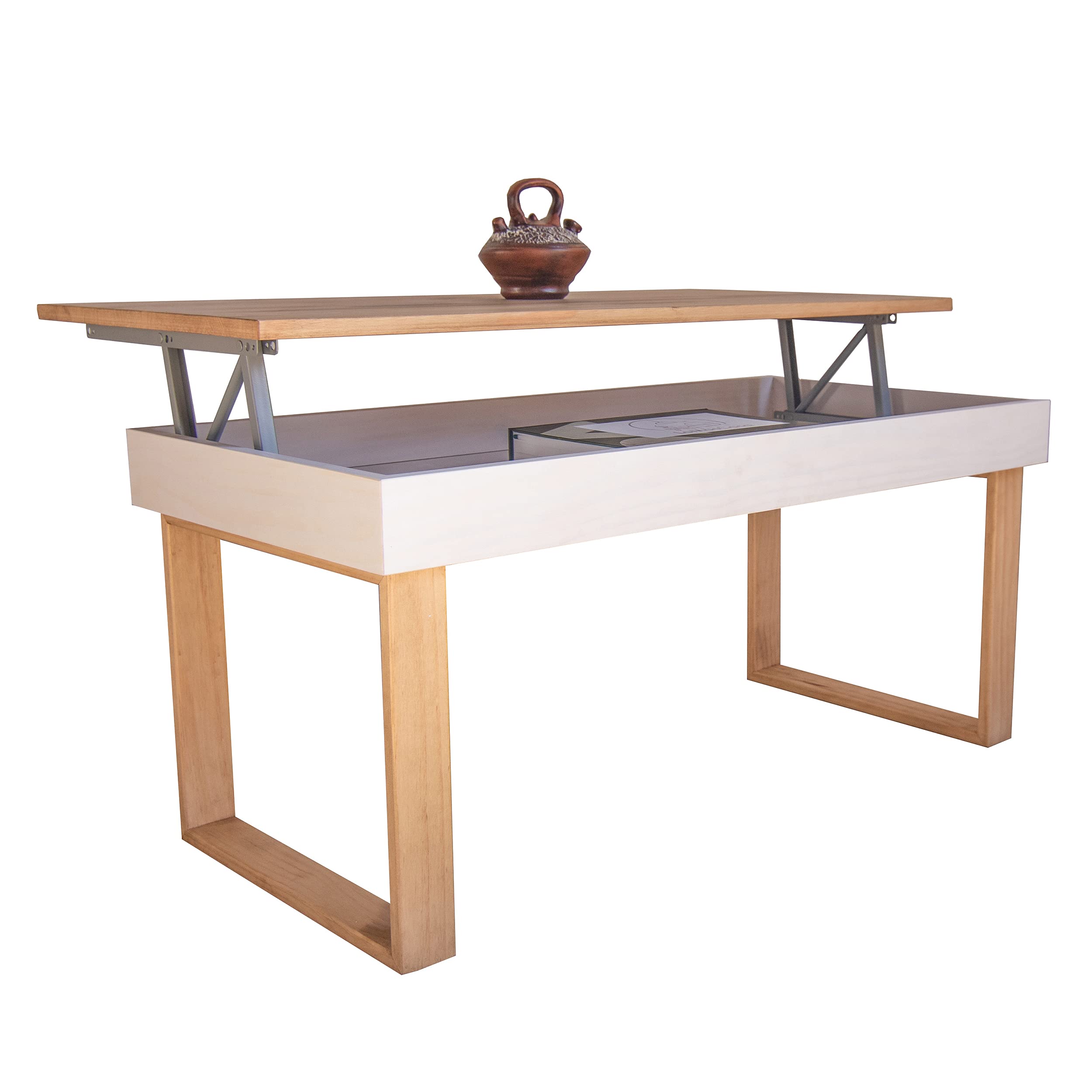 LoMasCasa - Mesa de Centro Modelo Ebro Elevable de Madera Maciza de Pino Natural con Patas de Madera - Color Blanco y Madera -Estilo Nórdico - Medidas 100x50x48 cm