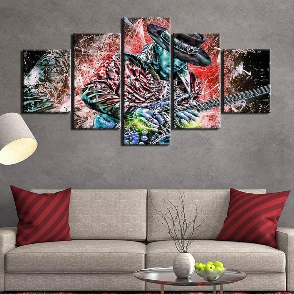 VENDISART,Modular Wall Sticker Decor,Prints On Canvas,5 Piece Painting,Mural Poster,Hd Print,Abstract Guitar Master Stevie Ray Vaughan,With Frame,Size:M/W=150Cm,H=80Cm