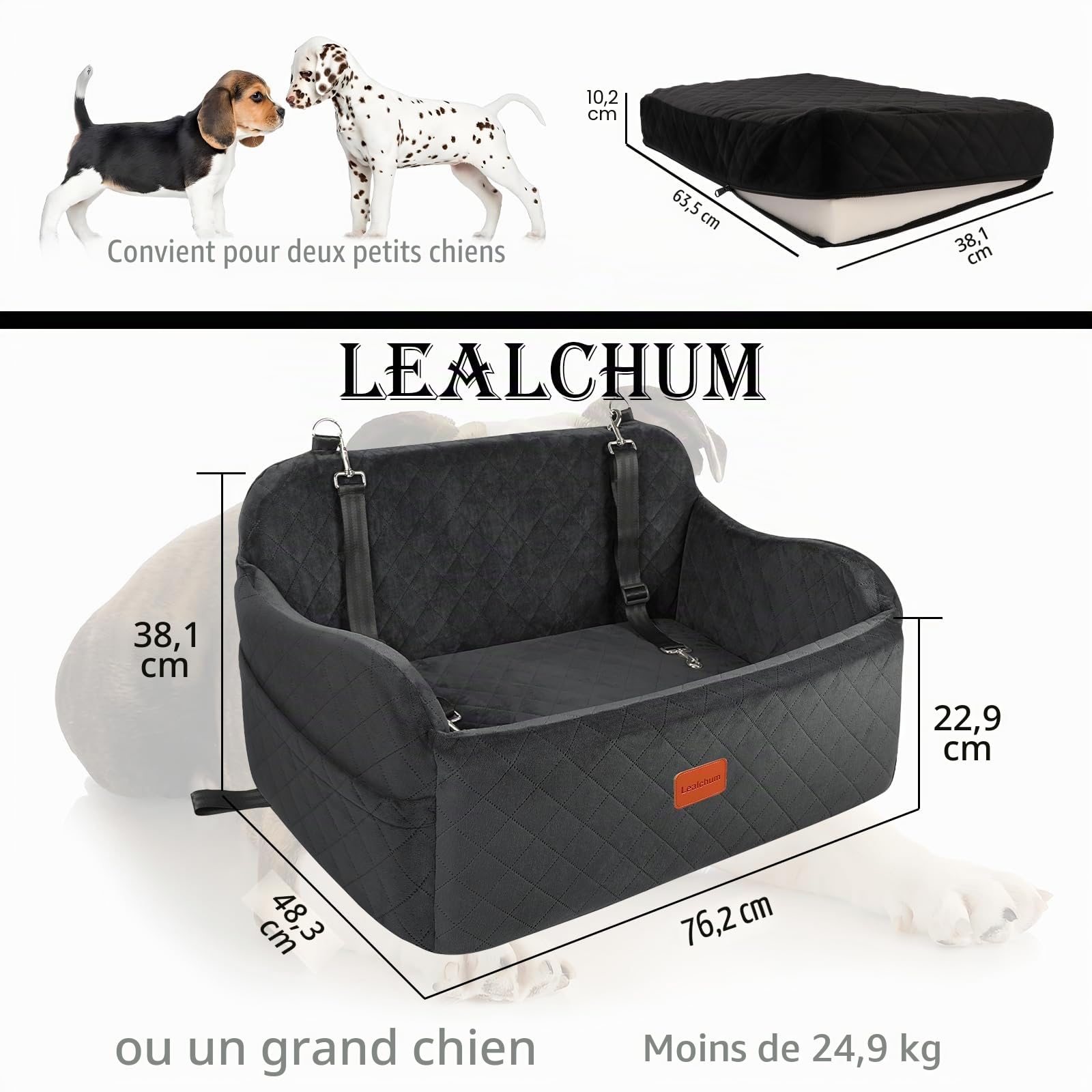 Lealchum Grand siège de Voiture pour Chien, Coussin de Voiture en Mousse à mémoire de Forme pour 2 Petits Chiens, lit Confortable pour Chien avec Poche latérale et 3 laisses de sécurité à Clipser