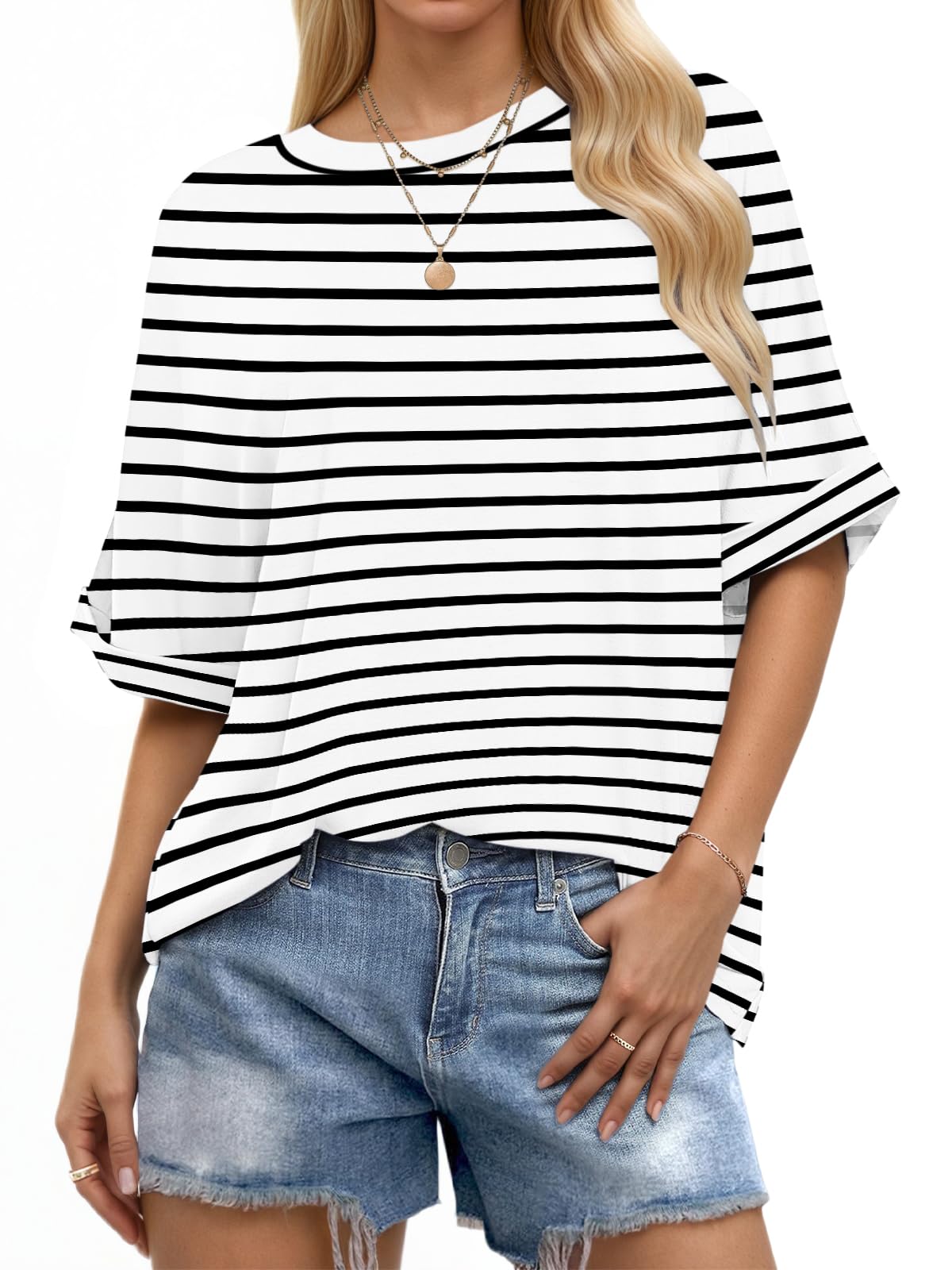 WNEEDU Oversize Shirt Damen Kurzarm Rundhals Oberteile Damen Sommer Basic T-Shirt Locker Lässige Top Oversize Bluse mit Gekrempelten Ärmeln