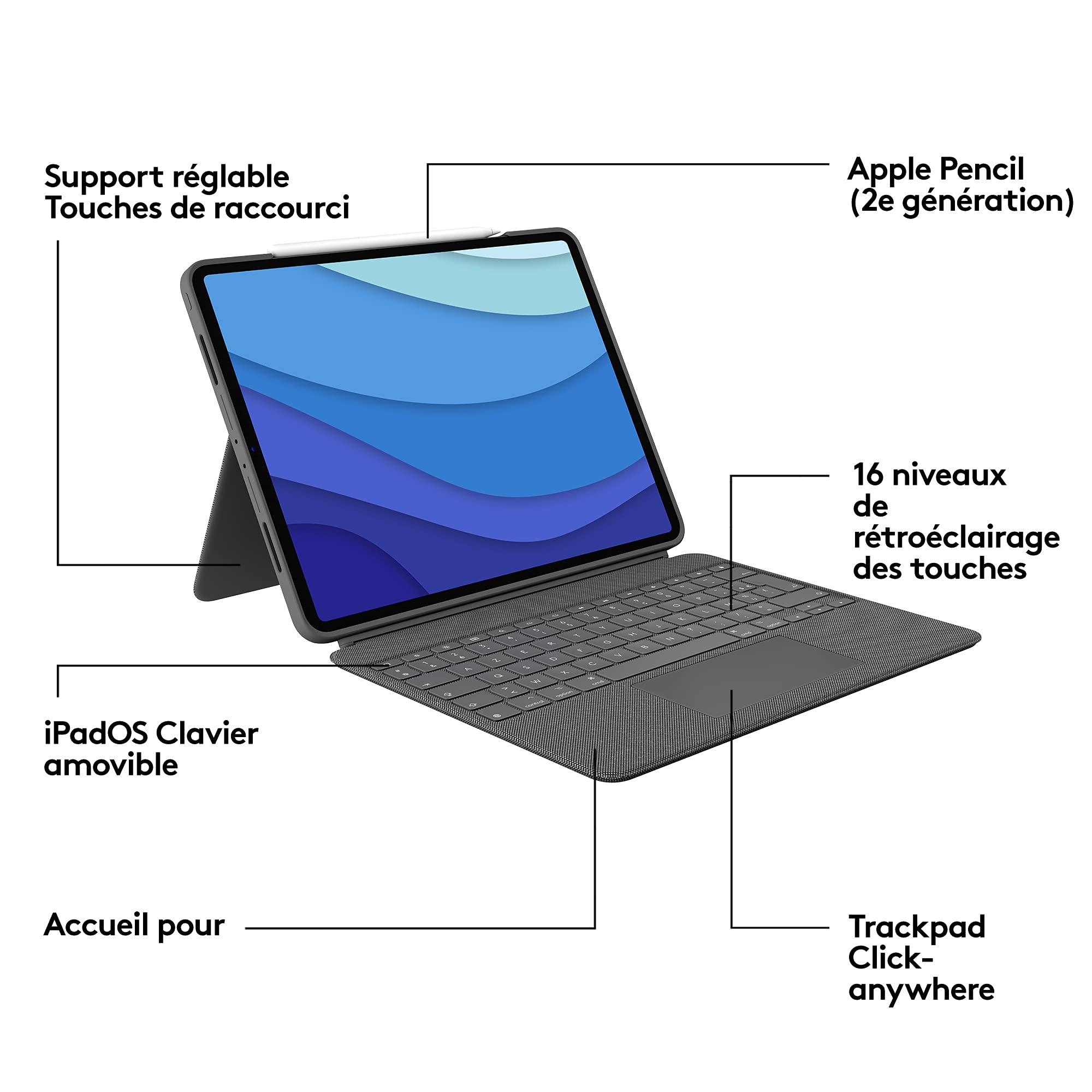 Logitech Combo Touch pour iPad Pro 12,9 pouces (5e, 6e générations: 2021, 2022)Clavier rétroéclairé amovible avec support, pavé tactile Click-Anywhere, Smart Connector, Français AZERTY - Gris