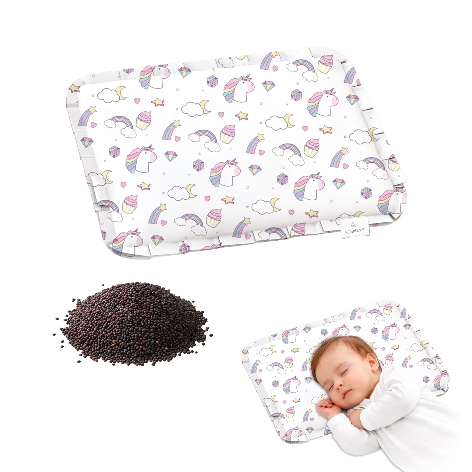 Rai Mustard Seeds Pillow for Baby Head & Neck Comfort, Soft Cotton Cover with Inner Lining, Lightweight Flat Pillow for Resting & Gifting for Baby Shower, 28 x 21.5 x 2cm | Unicorn Print