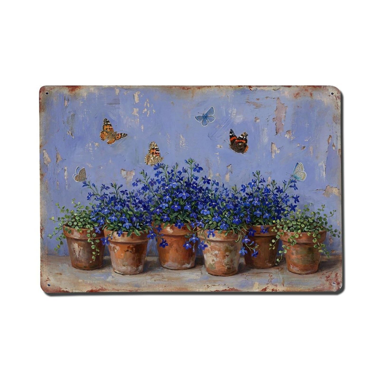 Vintage Rustic Flower Potted Plants Lobelia Metal Tin Sign