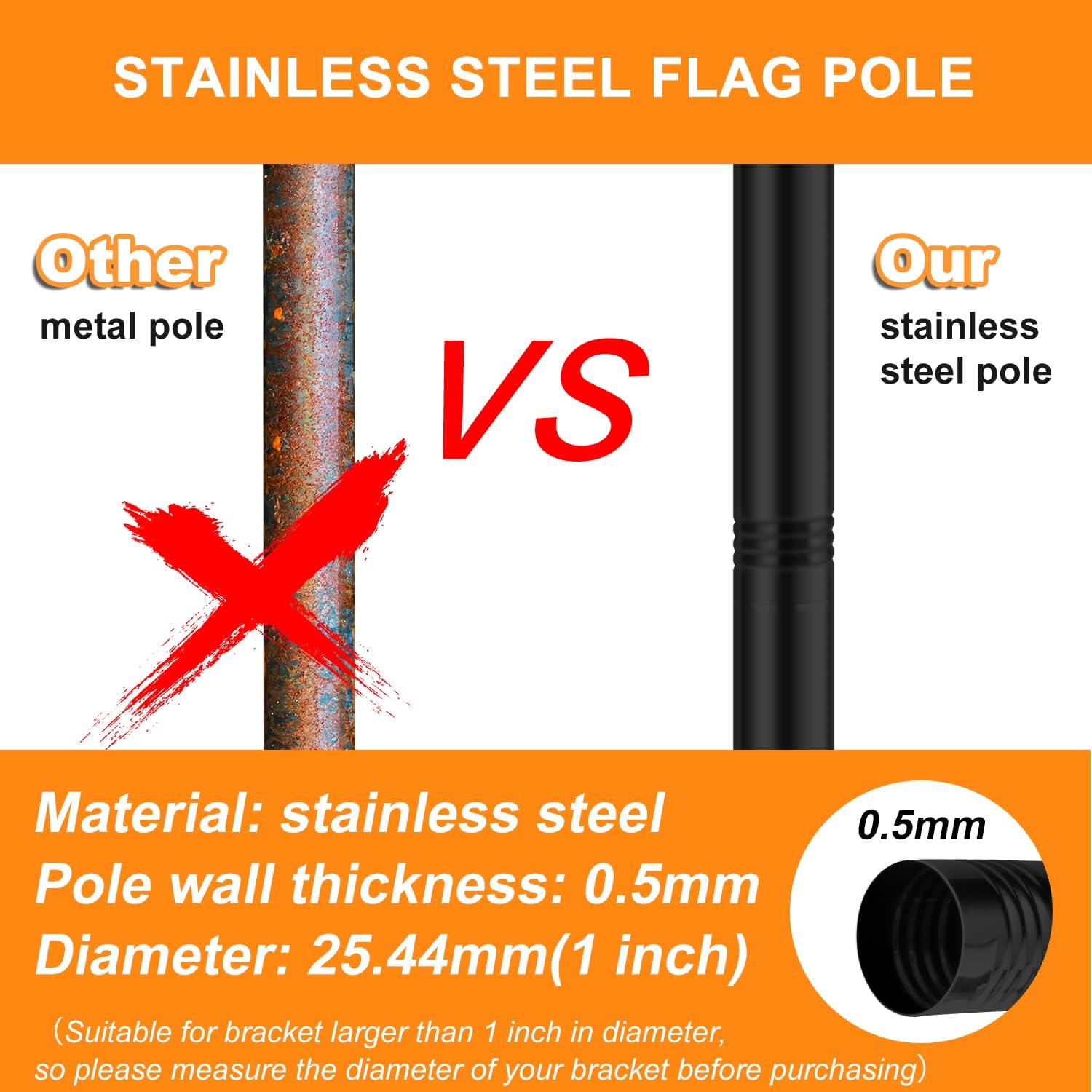 evertoco 6 FT Black Flag Pole for House, Thicker Stainless Steel Outdoor Flagpole with Tangle Free Aluminum Alloy Flagpole Rings, Rustproof Weather-Resistant 1" OD Flagpole for Residential Commercial