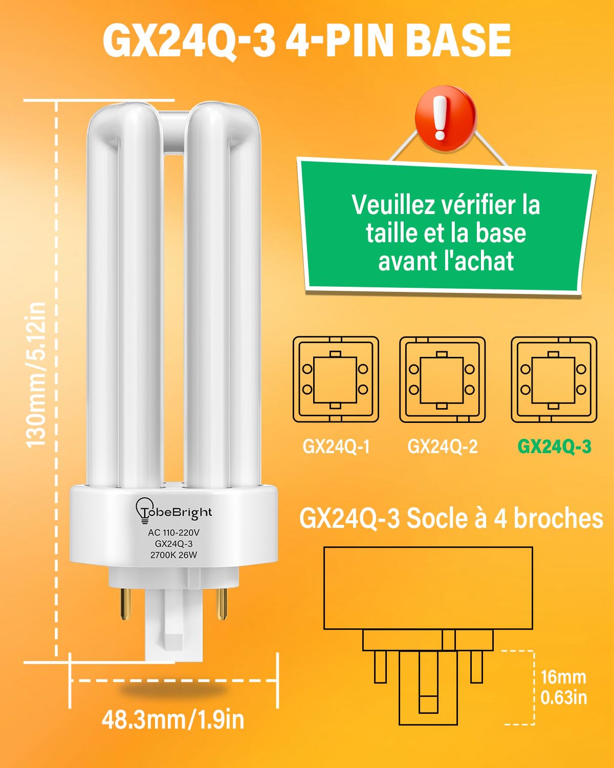 26w 4 Broches Ampoule Fluorescente Compacte Gx24Q-3 Base, Blanc Chaud 2700K 4 Broches Tube Triple CFL PLT-26W 827 Plug in Ampoule CFL économie d'énergie pour Bureau Salon Cuisine, Lot de 10