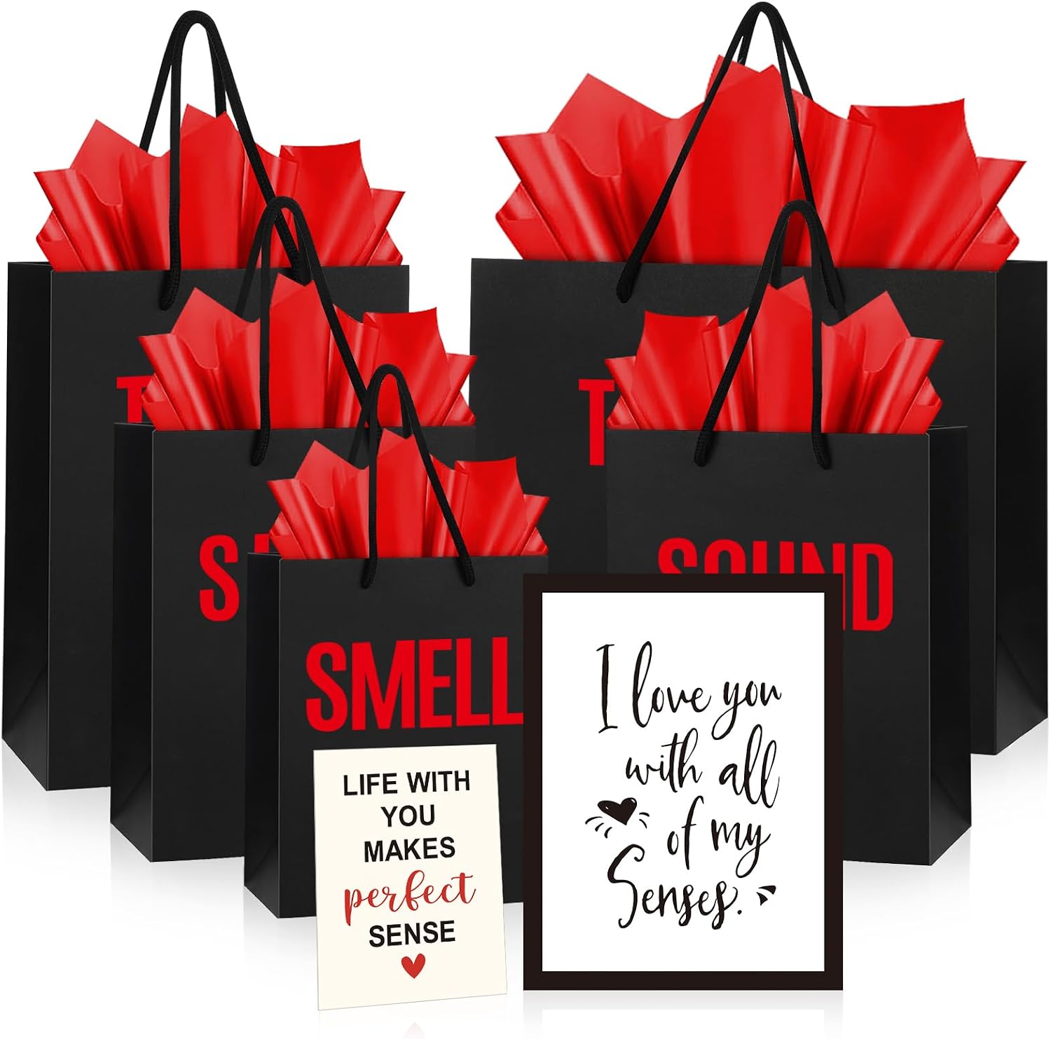 Kolldenn 5 Pcs 5 Senses Gift Bags with Handles, Size A, Black Red