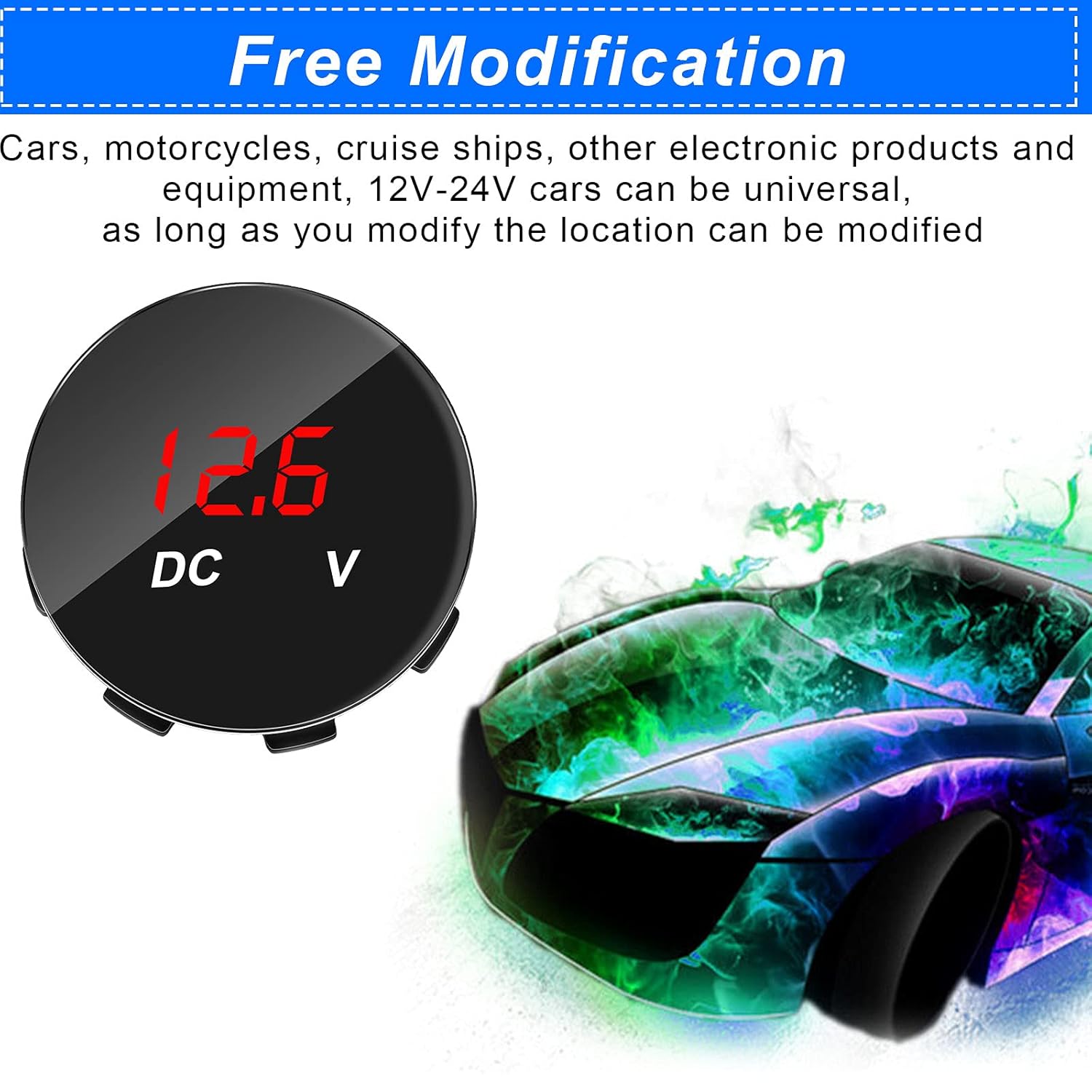 2 Pieces DC 12-24 V Car Voltmeter Mini Digital Display Voltage Meter Waterproof Voltage Gauge Round Shiny Panel Voltmeter with Waterproof LED Digital Display Compatible with Vehicle Truck (Red) : Automotive
