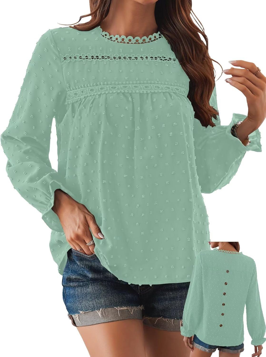 Womens Boho Tops Long Sleeve Shirts For Women Cute Crewneck Blouse Dressy Casual Swiss Dot Crochet Hollow Top 2026