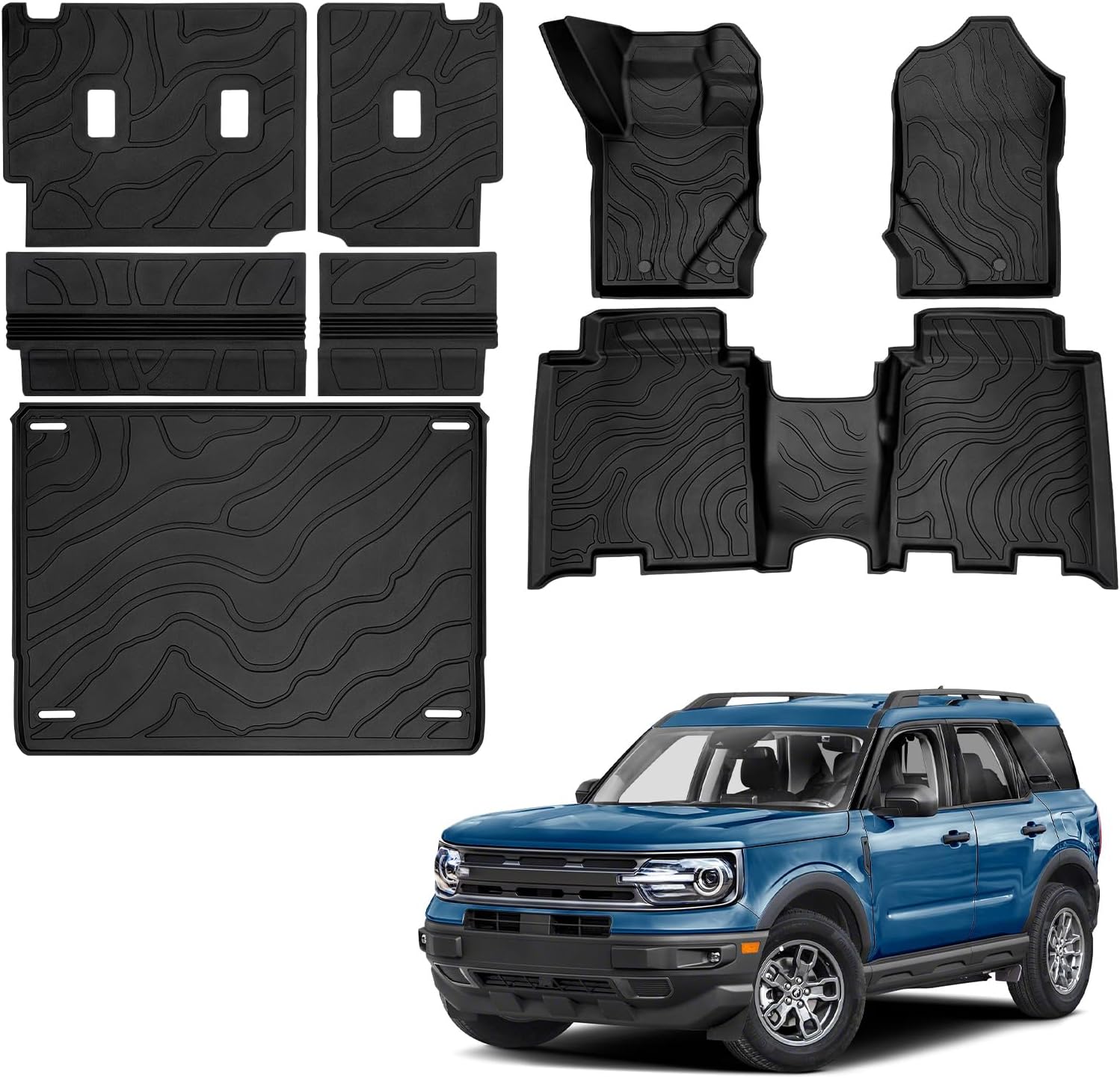 All Weather Full Set Mats for 2021-2024 2025 Ford Bronco 4 Door (Not Sport), Interior Cover Mats Cargo Trunk Liners, Ford Bronco Accessories (Cargo Mats+Floor Mats+Rear Backrest Mats)