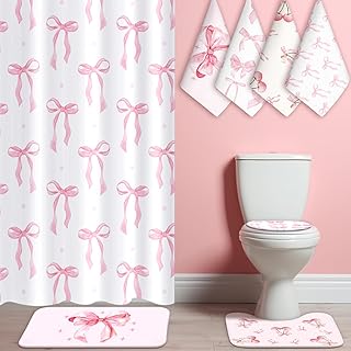 8 Pcs Pink Bow Shower Curtain Sets for Bathroom Decor Cute Coquette Bathroom Accessories Pink Bow Knot Aesthetic Girly Shower Curtain Sets with Towels Carpet Bath Mat Toilet Rugs and 12 Hooks