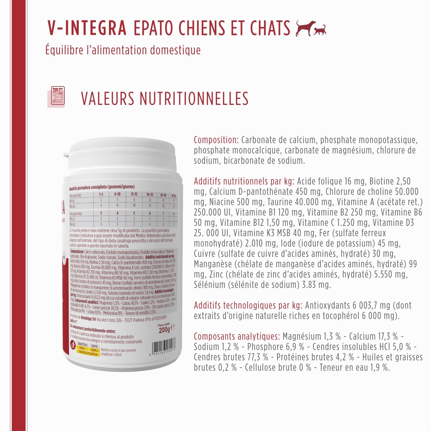 V-INTEGRA Epato Chiens et Chats - Supplément Complet de vitamines et minéraux pour la Ration ménagère des Chiens et Chats nécessitant Une Restriction en cuivre - 200g - Produit en Italie