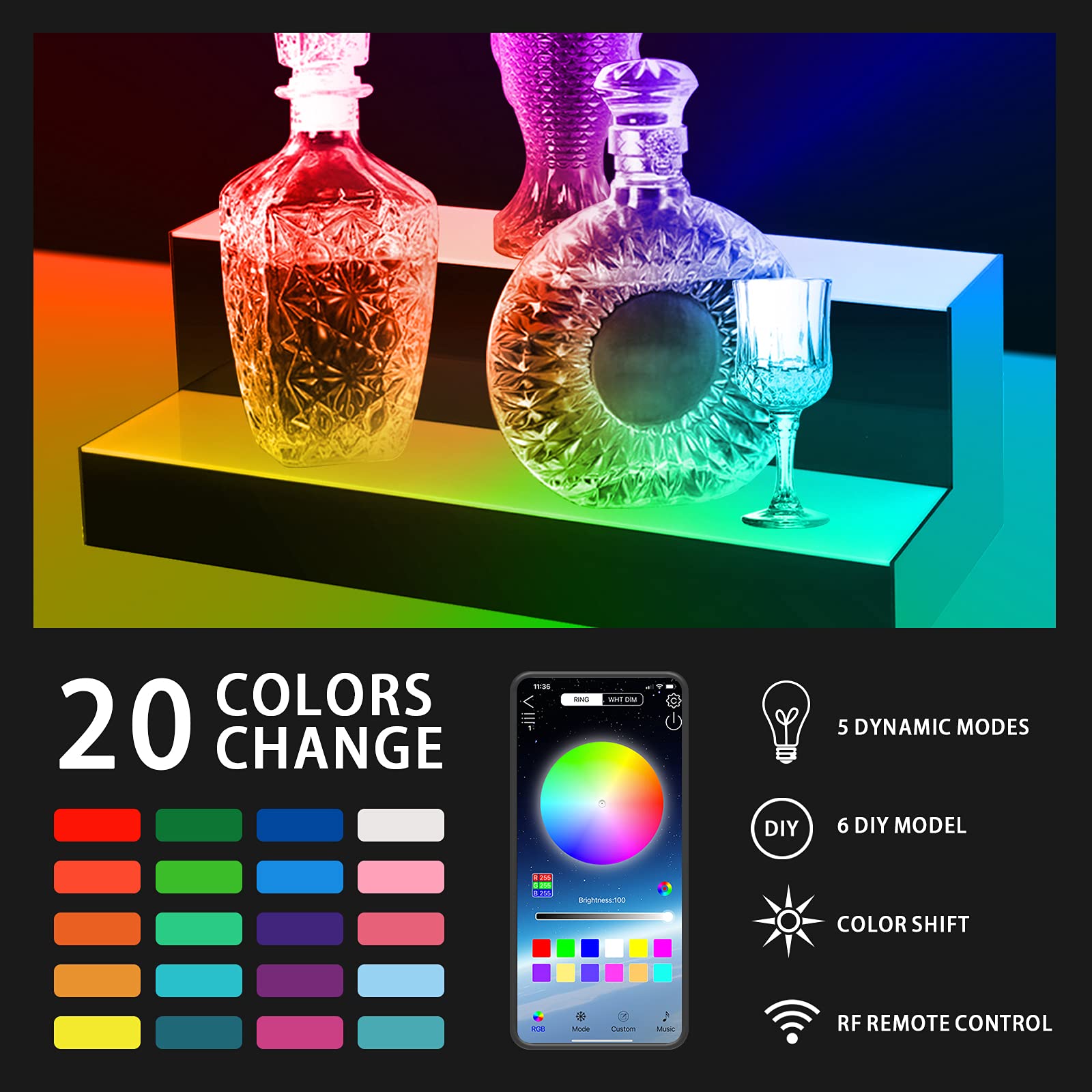 KERTY LED Lighted Liquor Bottle Display Shelf 16 Inch 2 Step Acrylic Lighted Mounted Wine Racks for Commercial Home Bar, Illuminated Bar Bottle Lighting Shelves with Remote and App Control