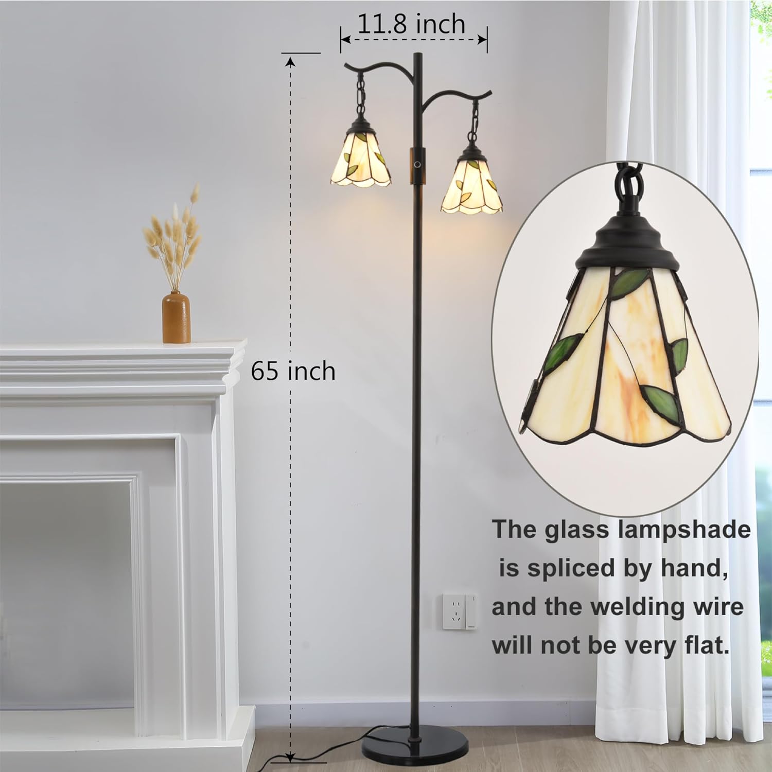 Vintage Dimmable Floor Lamp,2 Tiffany Lampshades Standing Lamp, Rustic Farmhouse Floor Lamps with Black Finish,for Living Room Bedroom