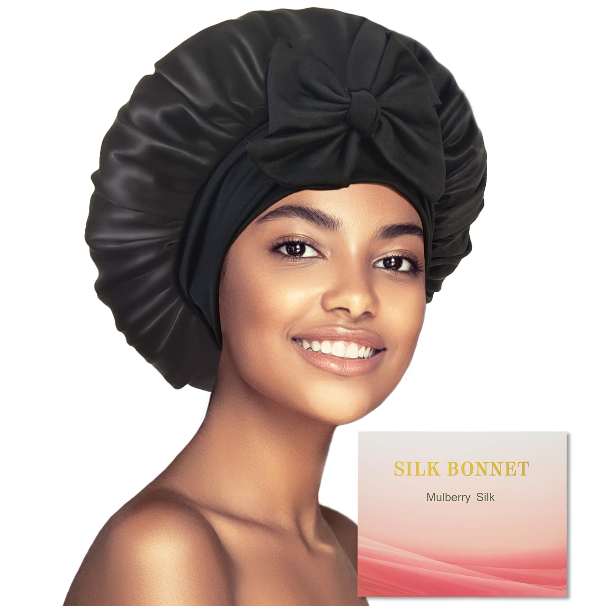 100% Mulberry Silk Bonnet for Sleeping Women, Real Silk Bonnets with Tie Band, Double-Layer Sleep Cap for Braids Curly Hair