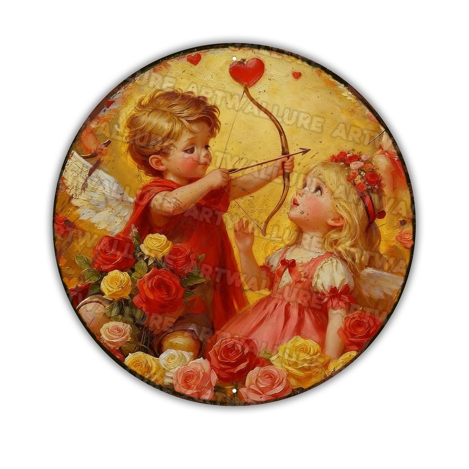 Round Valentine Cupid And Rose Metal Sign Round Rustic Design For Garage Cafe Bar Club Living Room Wall Decor Romantic Farmhouse Style 8x8Inch