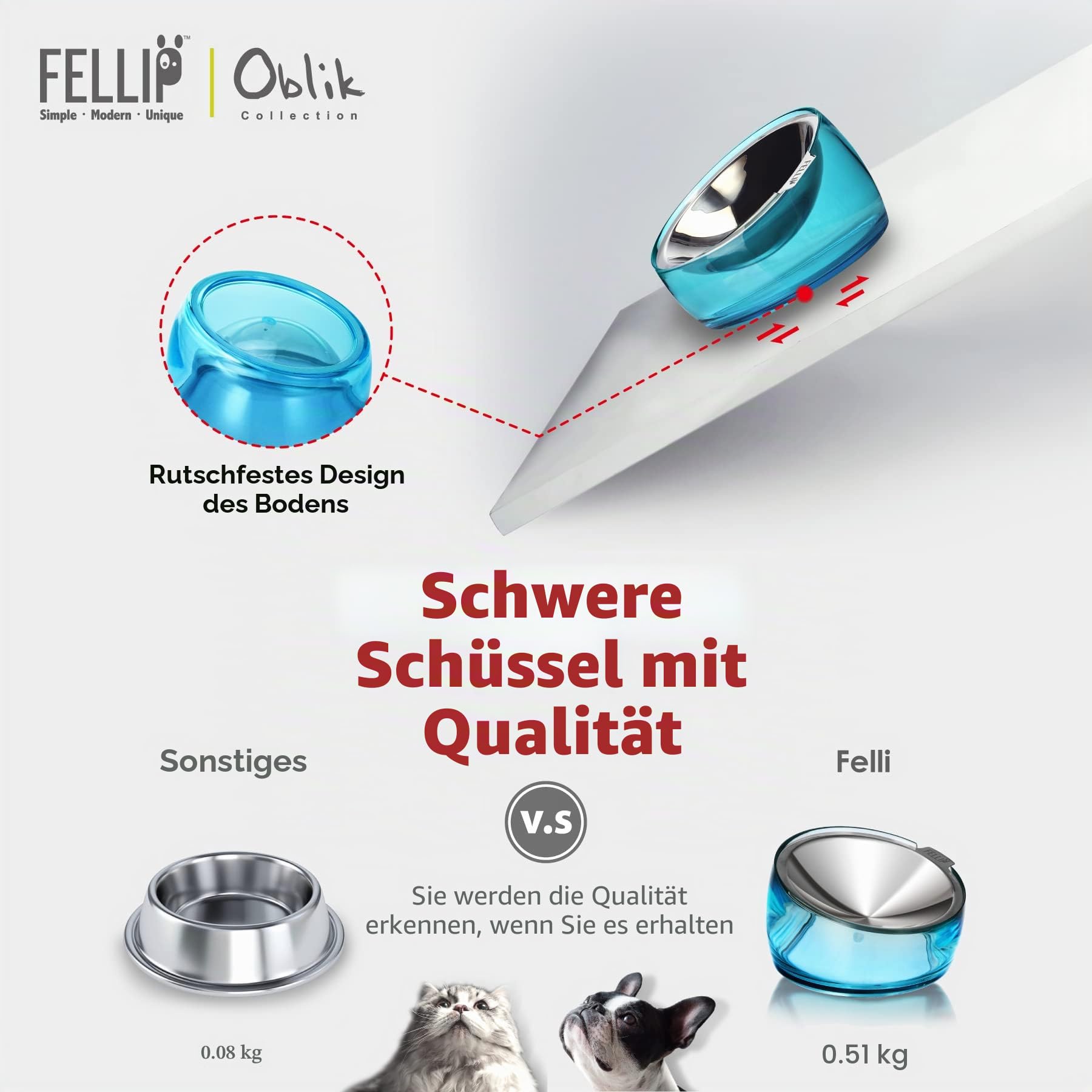Felli Pet Oblik Schnurrhaar, Müdigkeit, Katzennapf, Edelstahl, Flacher, Flacher Teller für trockenes Nassfutter, erhöhter Acrylboden mit Leckerli-Aufbewahrung, Anti-Erbrechen, Rutschfester