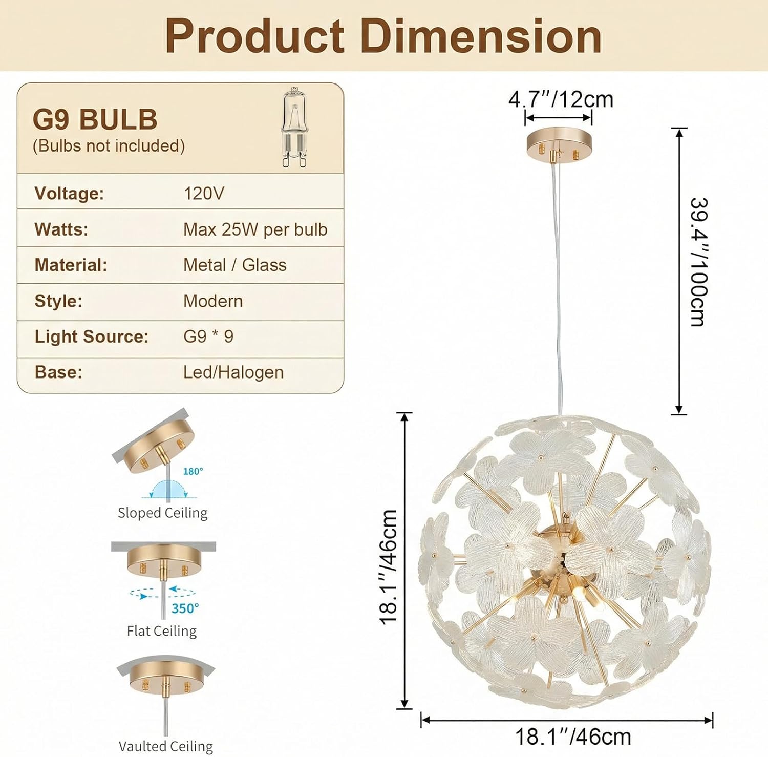 Modern Farmhouse Spherical Glass Chandelier Gold Floral Pendant Lighting Fixture Flower Height Adjustable Hanging 9 Light for Dining Room, Living Room, Bedroom, Hallway, Kitchen, Foyer