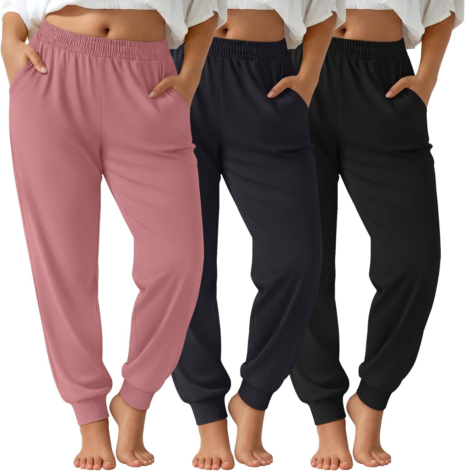 JoyMotion 3 Pack Women's Plus Size Sweatpants Joggers Baggy Interior Drawstring Athletic Elastic Waisted Pants with Pockets