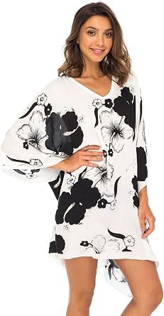 Back From Bali Womens Swimsuit Coverup Short Floral Hibiscus Print Caftan Poncho Beach Tunic