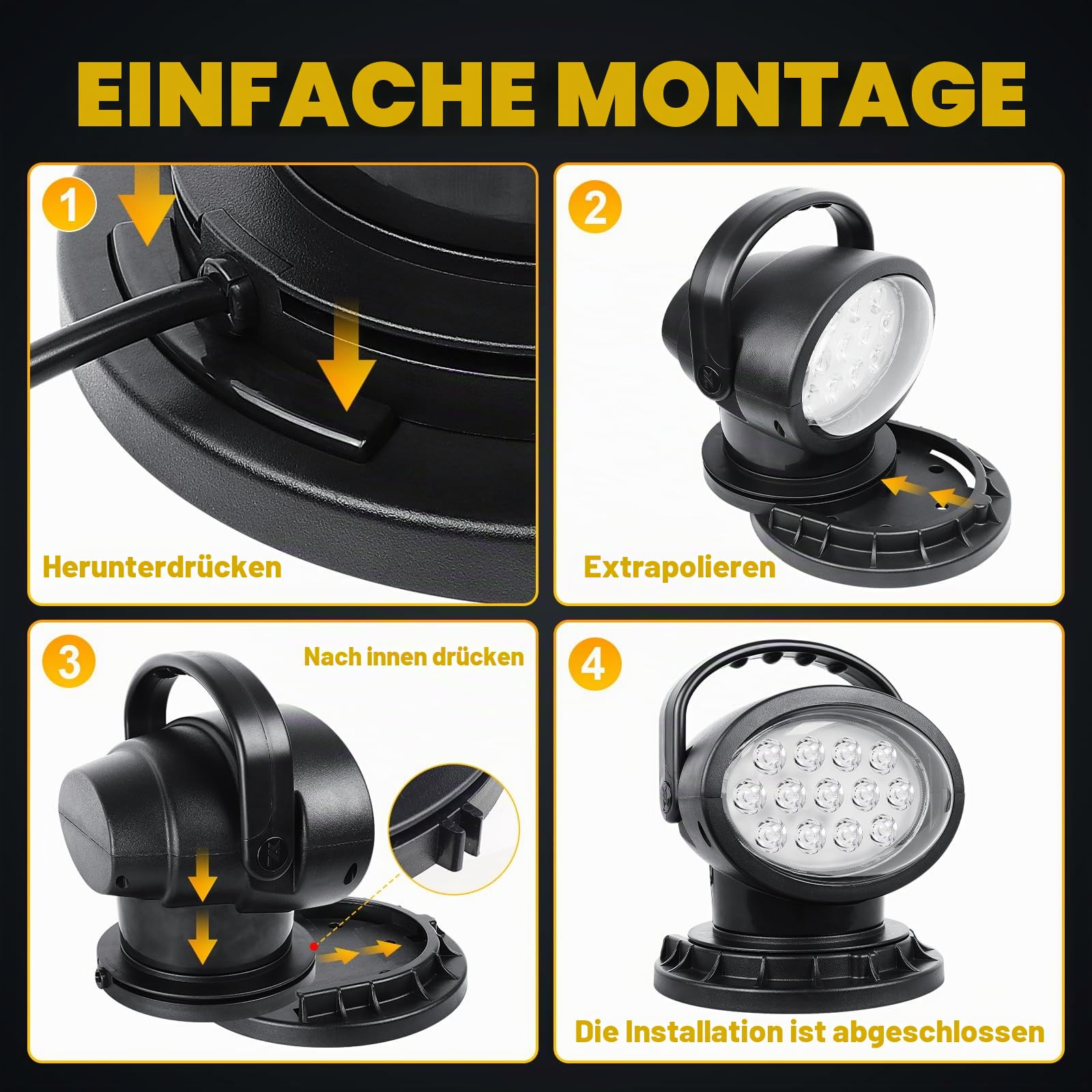 50W LED-Suchscheinwerfer mit Fernbedienung, 360° Drehbares LED-Arbeitsscheinwerfer, Starke eingebaute Magnete, Helligkeit einstellbar, 12V 24V Scheinwerfer für LKW Boote Jagd