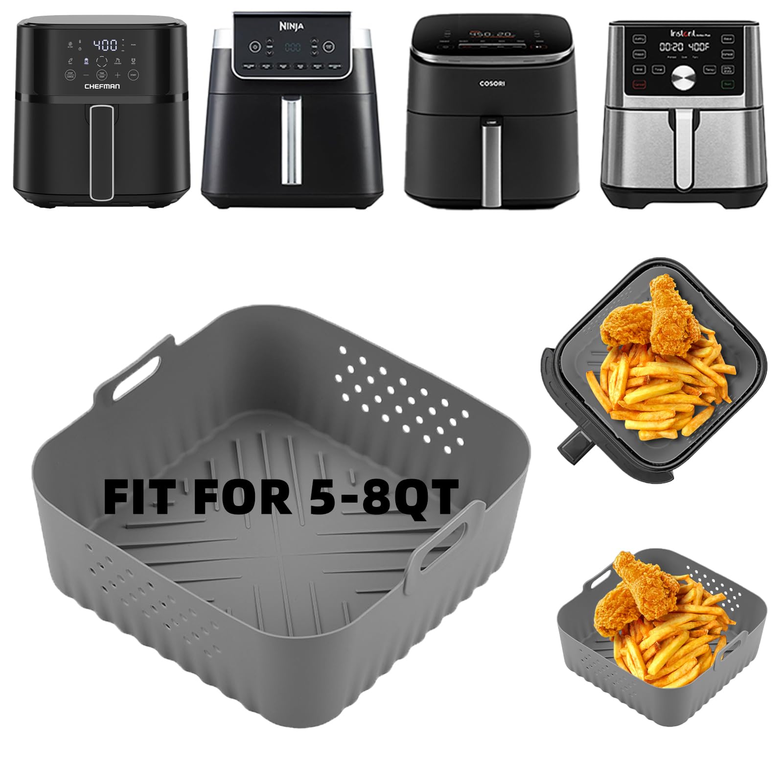 LYHOLKEER Silicone Air Fryer Basket Liners, 1 PCS Square, Reusable for Ninja 5 QT, 5 QT MAX, 6.5 QT XL, 6.5 QT MAX, COSORI 6-Qt, Chefman - 6 QT, Sweetcrispy 6QT, Gourmia 6Qt, OLIXIS 6 Quart Air Fryers