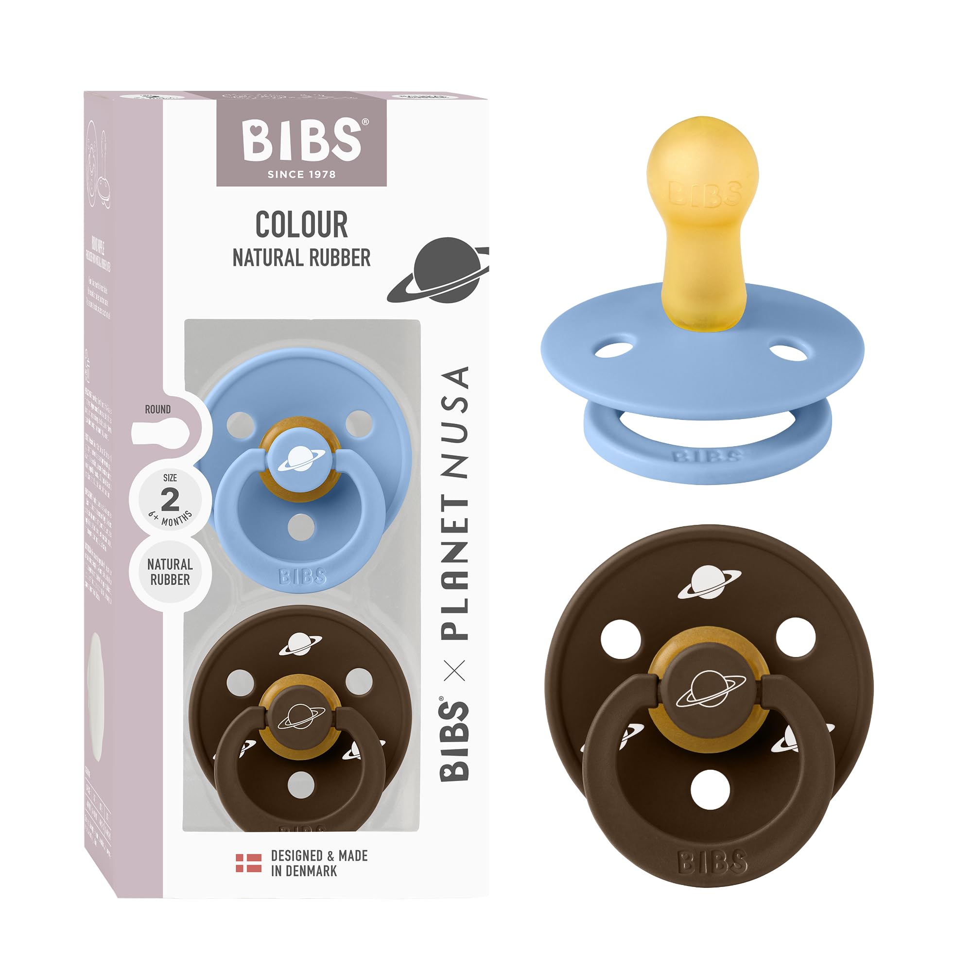 BIBS Colour Planet Nusa Schnuller 2er-Pack, BPA-frei, Kirschform Nippel. Naturkautschuk/Latex, Hergestellt in Dänemark, Größe 2 (6-18 Monate), Sky Blue Mix