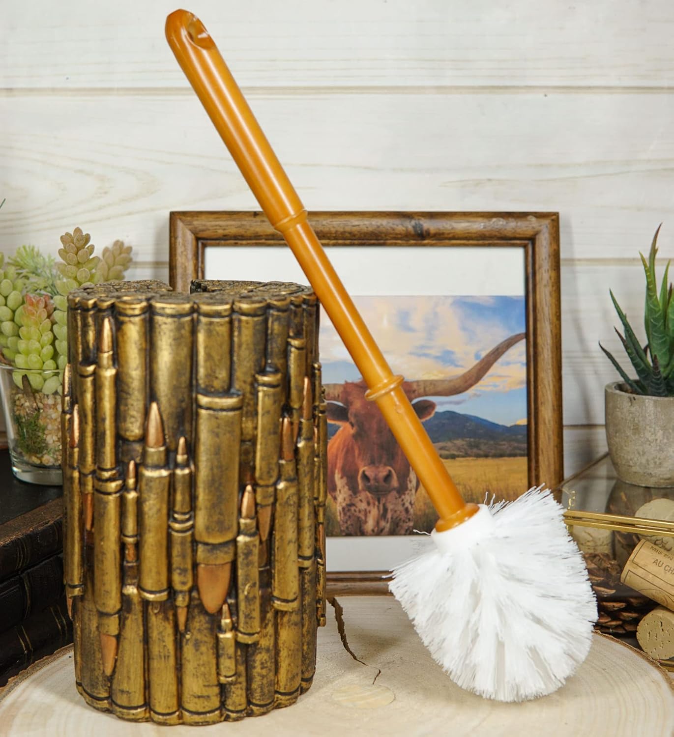 Ebros Gift Rustic Western Military Style Spherical Rifle Ammo Rounds Shells Gold Tone Bullets Bathroom Accessory (Toilet Brush and Sanitary Holder Set)