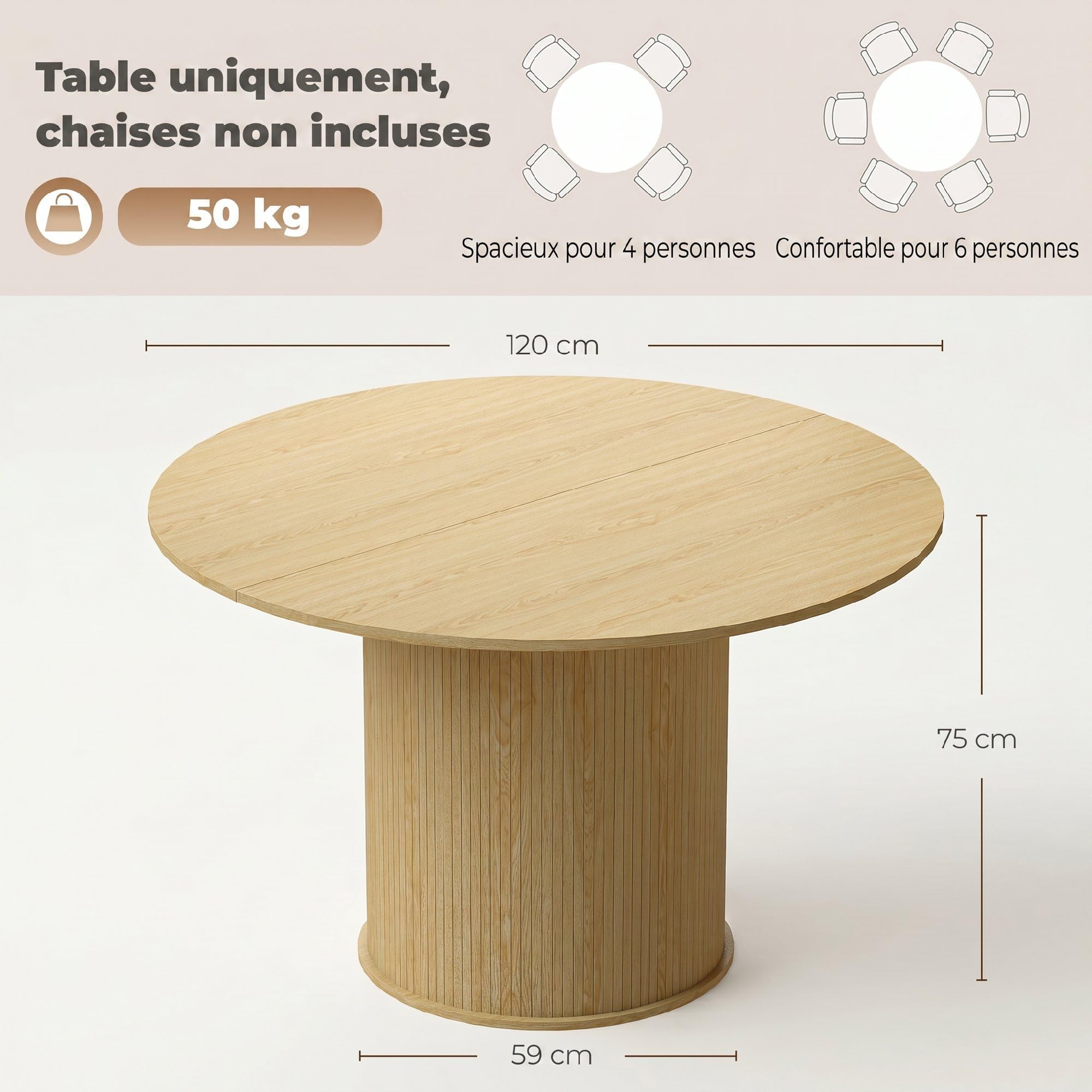 HOMCOM Table à Manger Ronde pour 4-6 Personnes Ø 120 x 75 cm Bois Naturel | Table de Cuisine Moderne, Large Plateau, Base Cylindrique Cannelée, pour Salon, Salle à Manger