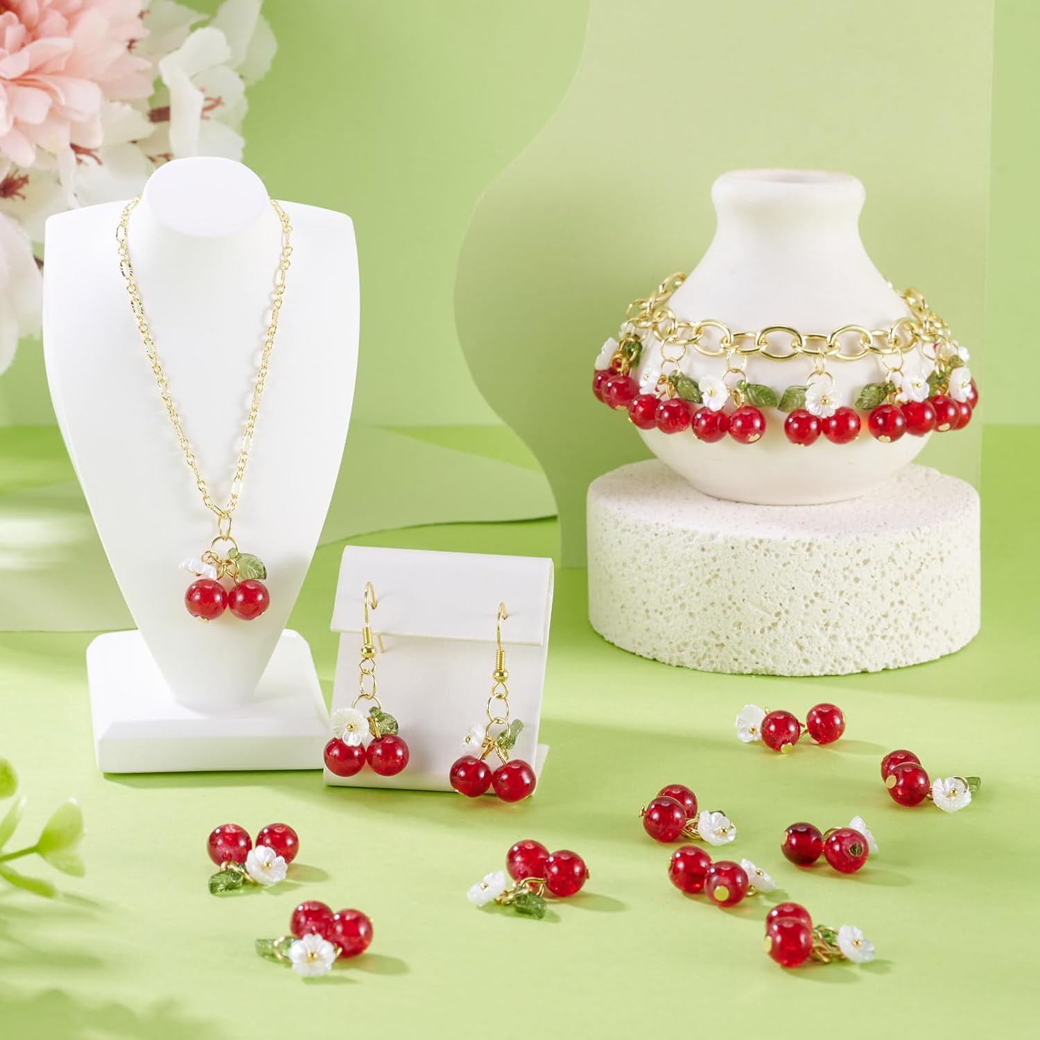 Glass Cherry Charms with Acrylic Green Leaf Beads 3D Cherry Dangle Pendants Cute Fruit Charms for DIY Crafts Earring Necklace Bracelet Jewelry Making - Image 3