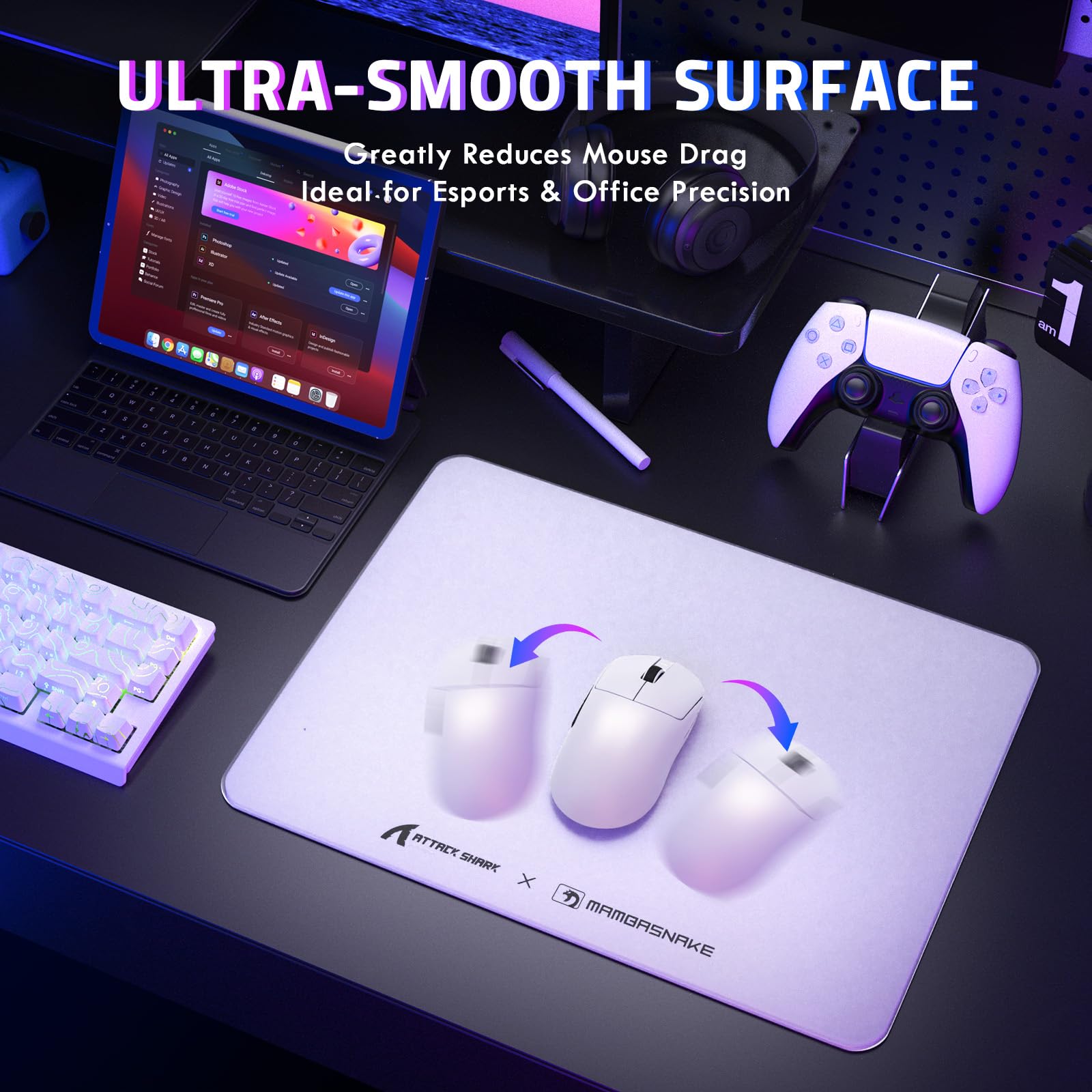 ATTACK SHARK CM05SE Tappetino Per Mouse In Vetro Temperato, Durezza 9H Anti-Graffi, Superficie Ultra-Liscia Incisa Nano, Base PU Antiscivolo, Alta Precisione, Movimento Veloce, 410×310×5mm - Bianco