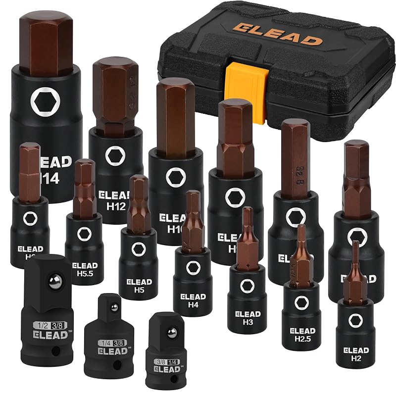 Jogo de Soquetes de Bits Sextavados Métricos ELEAD em Aço S2, 2 mm a 14 mm, com Adaptadores para Encaixe de 6,35 mm, 9,53 mm e 12,7 mm, Kit com 16 peças