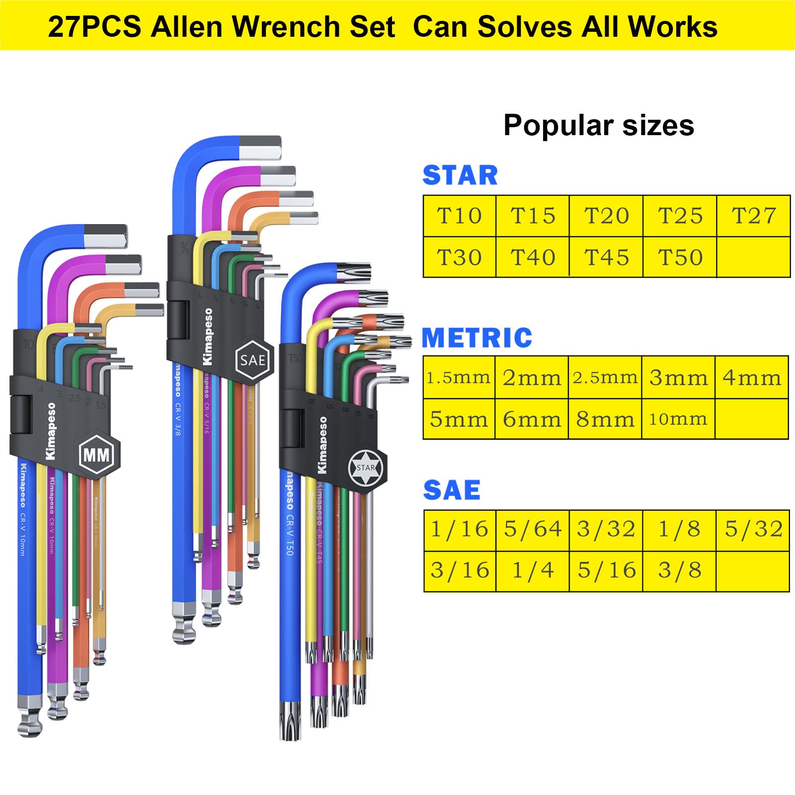 Set di 27 chiavi a brugola a braccio lungo, con estremità sferica extra lunga, set di chiavi a brugola metriche imperiali Torx con impugnatura a T metriche da 1,5 mm-10 mm, SAE 1/16-3/8, set