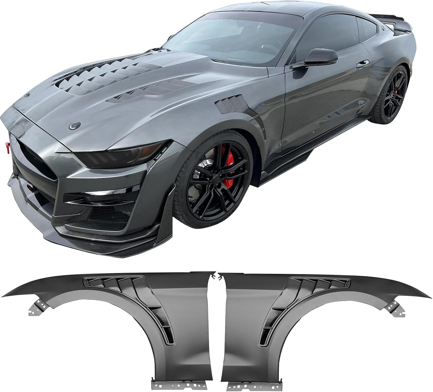 Fender Compatible With 2015-2017 Ford Mustang, GT350 Style Steel Fender Trim w Inserts Unpainted Black by IKON MOTORSPORTS, 2016