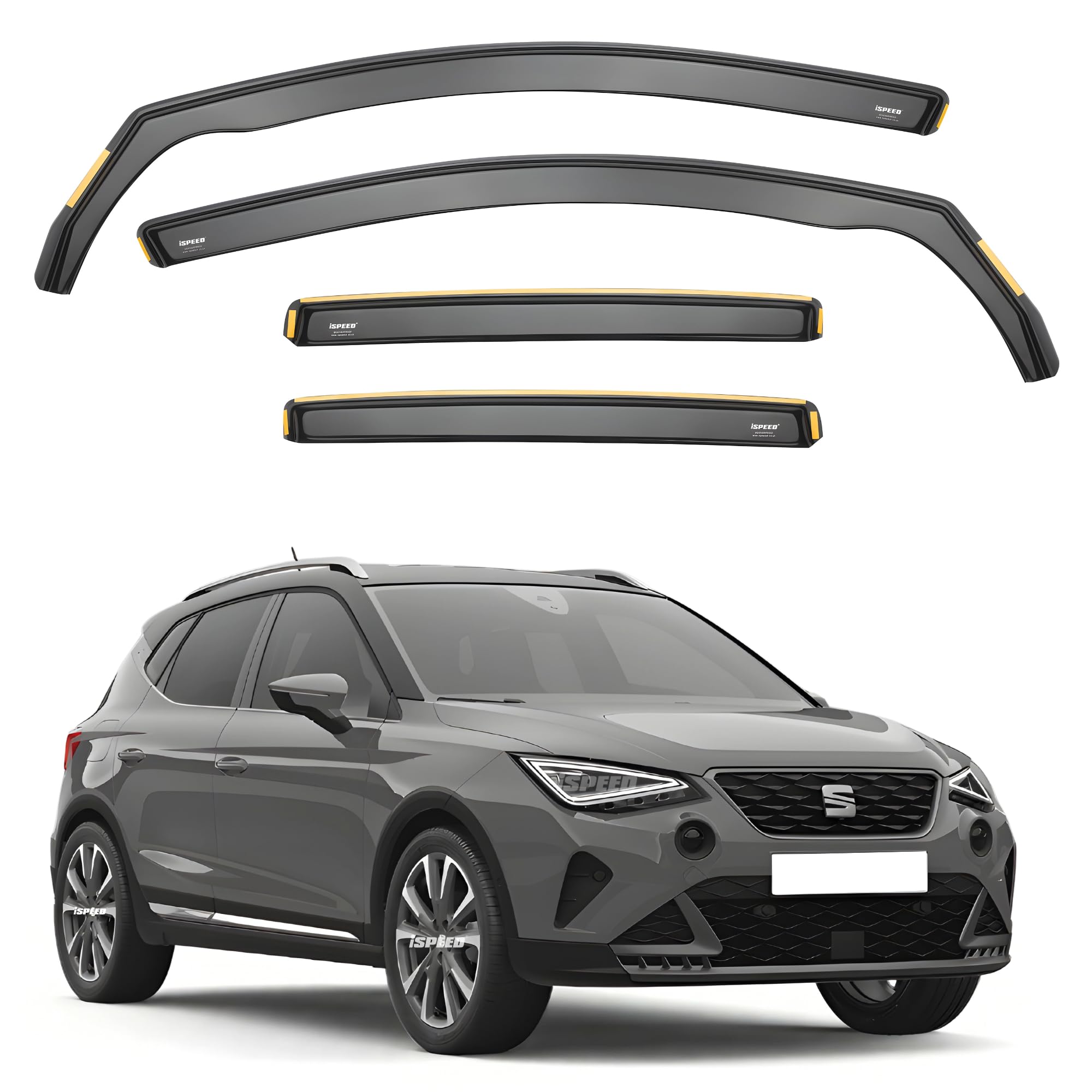 iSpeed Premium Wind Deflectors for SEAT ARONA 5-Doors SUV 2017-onwards 4-pc - Keep Your Car Ventilated in Rain - Reduce Wind Turbulence - Tinted, In-Channel Type
