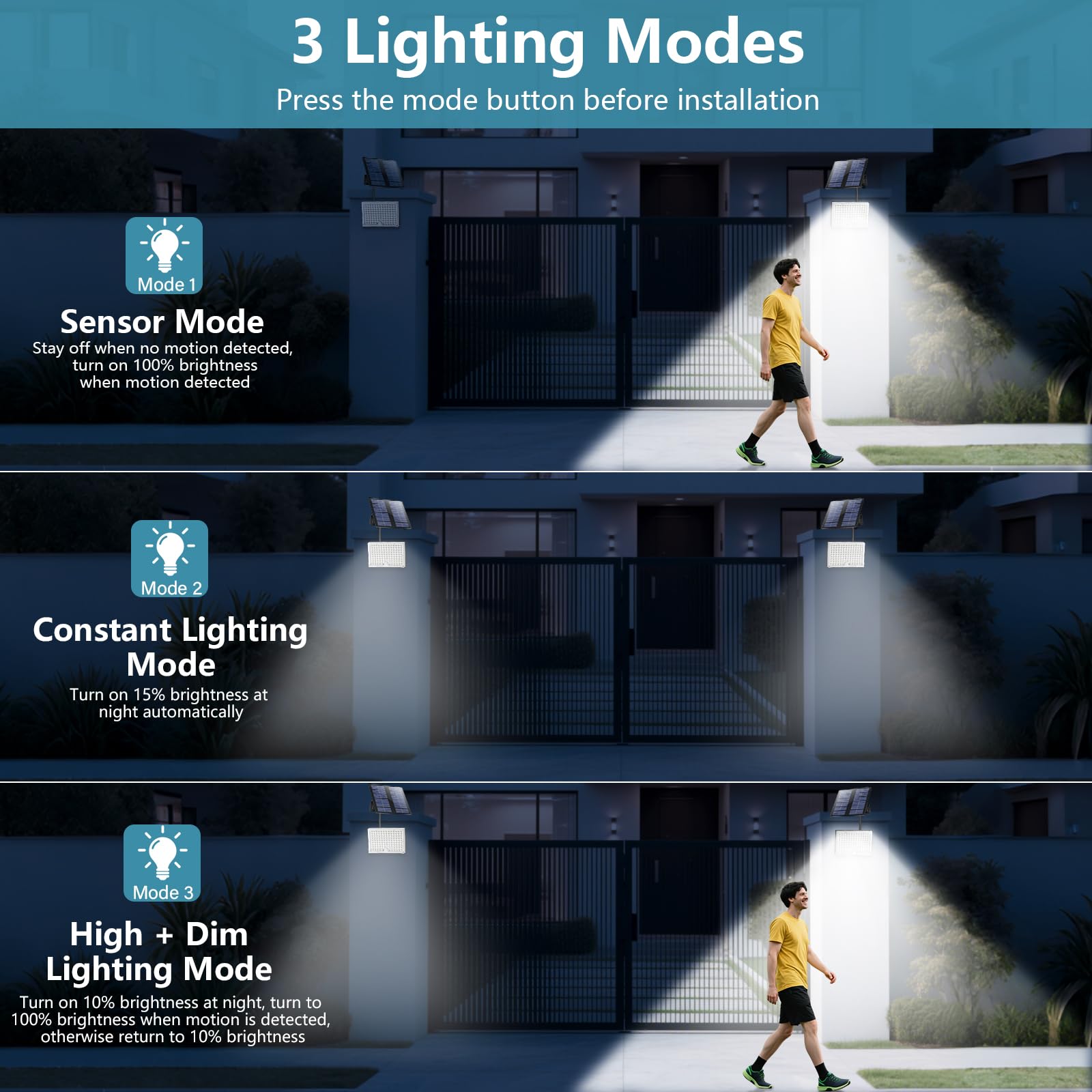 Giliwosy Faretto Led da Esterno Solare con Sensore di Movimento, Luce Solare Led Esterno con 113 LED 2000mAh 4 Modes IP65 Impermeabile, Luci Solari da Giardino con 5M Cavo, 1 Pezzo