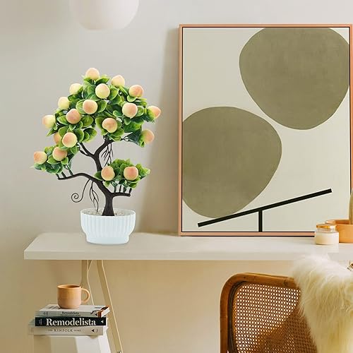 Miniatura 3 de Árbol de durazno artificial en maceta de 14 pulgadas, mini árbol de durazno sintético bonsái con jarrón amarillo falso melocotón, decoración de
