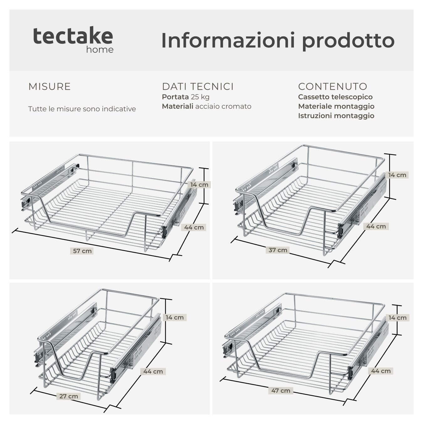 tectake® Cassetto Telescopico - 1 x 60 cm - Cassetto Estraibile per Cucina, Ripiano Scorrevole, Binario Telescopico, Organizer Cromato per Mobile da Cucina, Cassettiera Salvaspazio