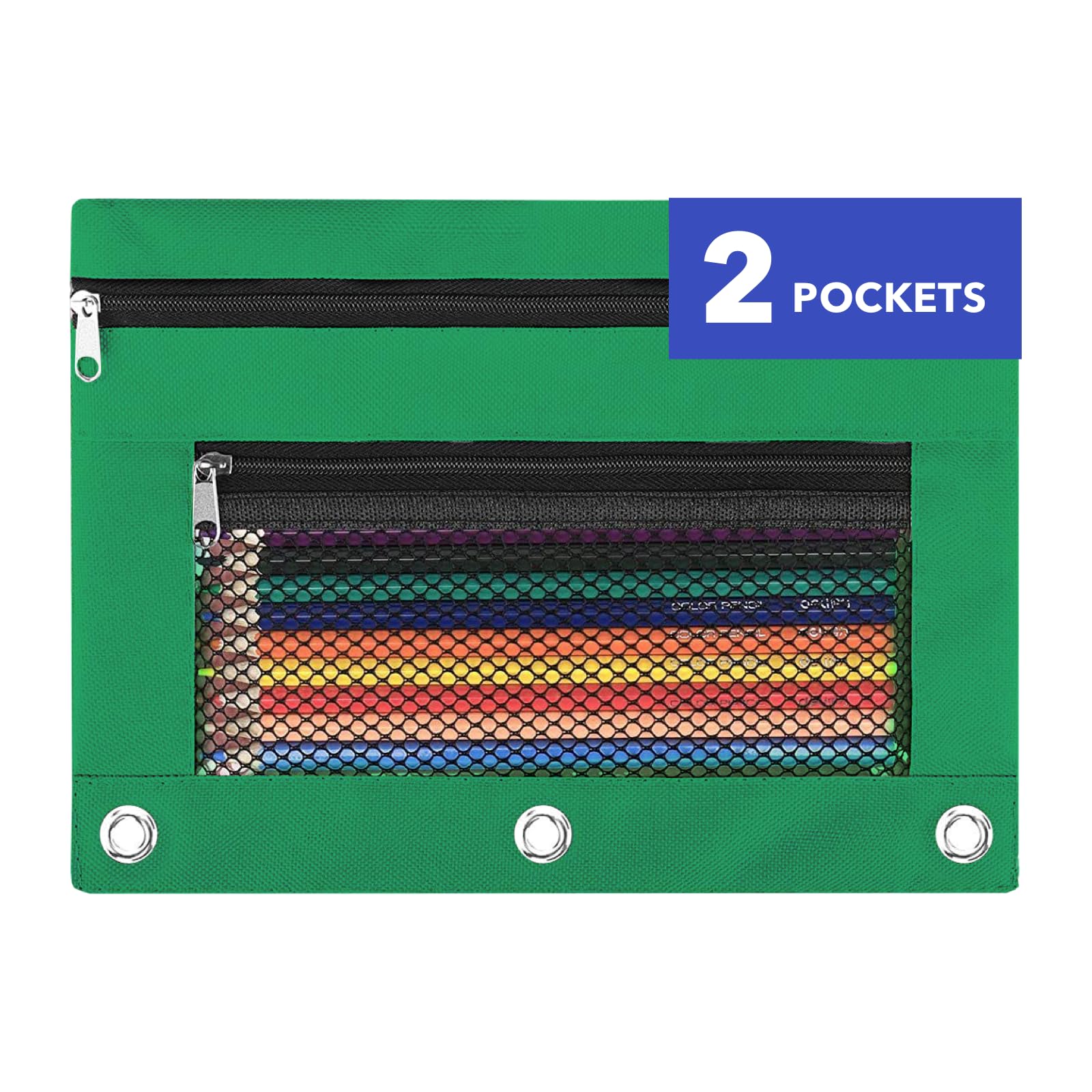 Pencil Pouch for 3 Ring Binder - 3 Hole Zipper Pen Case Bag Holder Bulk Accessories Clear Window Aesthetic Organizer Pockets (Green)