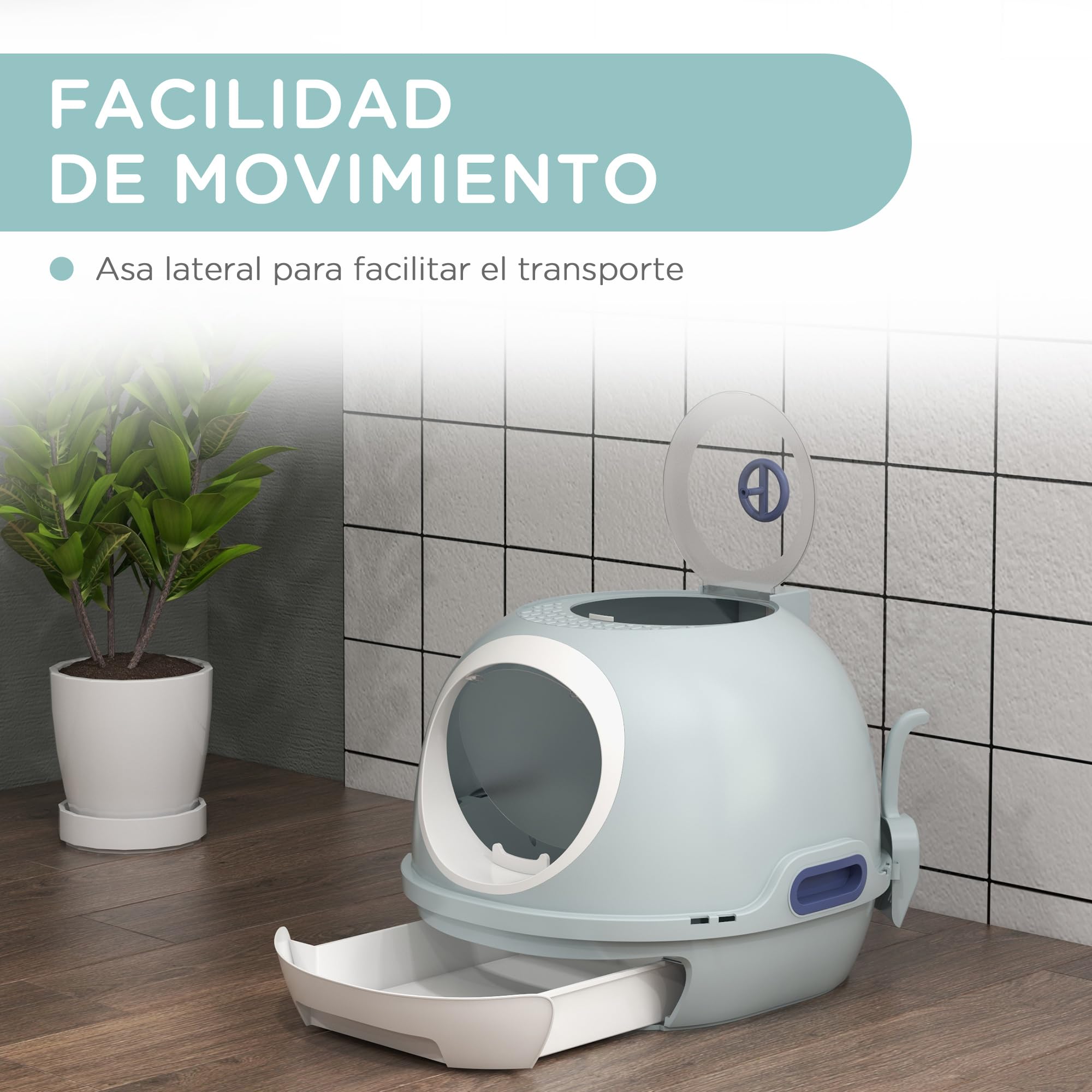 PawHut Caja de Arena para Gatos Arenero Cubierto con Cajón Arenero Cerrado para Gatos con Claraboya Abatible Bandeja Extraíble y Pala 47x55x44 cm Azul