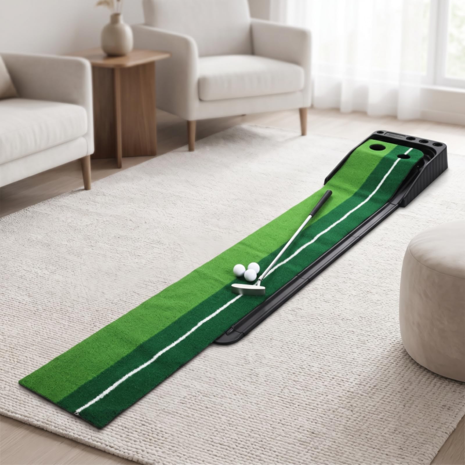 Entrenador de Putt de Golf Alfombra de Putting Tapete de Práctica Colchoneta de Entrenamiento Guía de Alineación con Línea Blanca Césped de Imitación